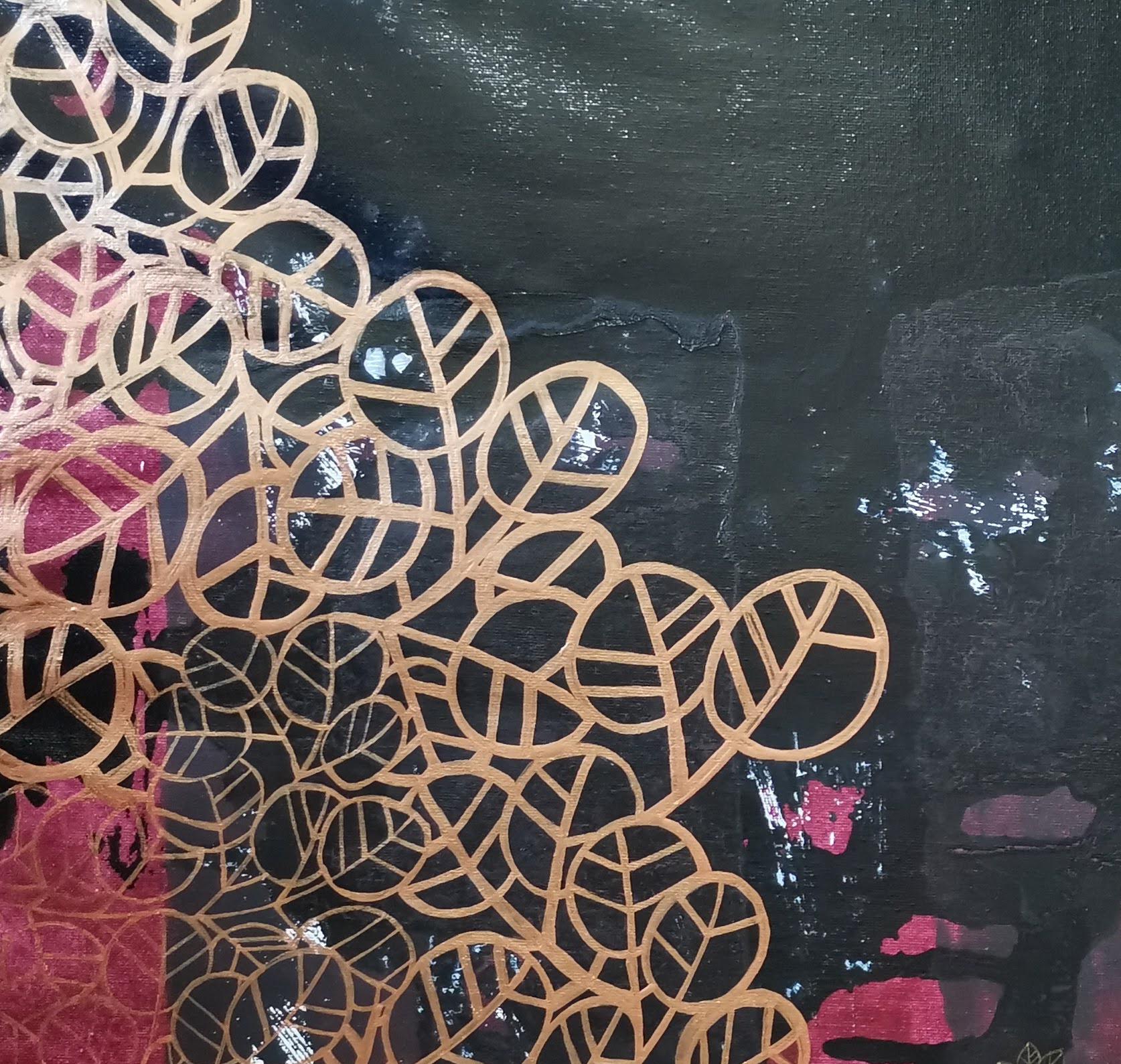 Representé el paisaje otoñal sobre una alegre base de merlot. En este cuadro figurativo, he jugado con la caligrafía. Las hojas redondas de los manzanos de manglar brillan con líneas caligráficas de bronce, mientras que las hojas pequeñas de los