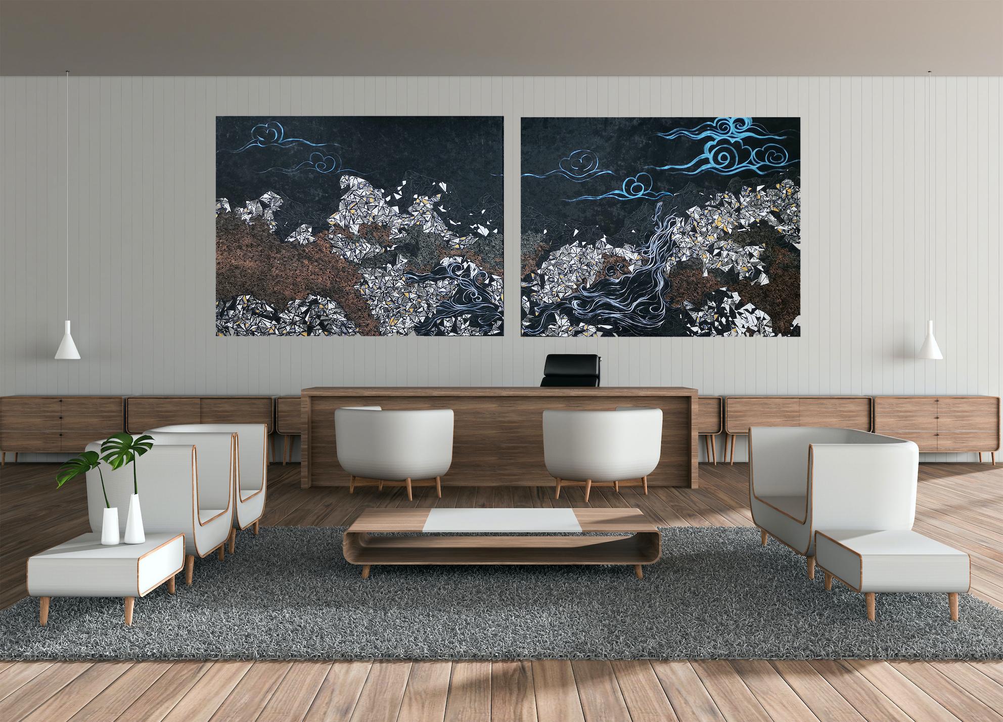 Paisaje, Montañas, Paisaje natural, Dípticos, Técnica mixta - Landscape Painting Oro de Fuen Chin