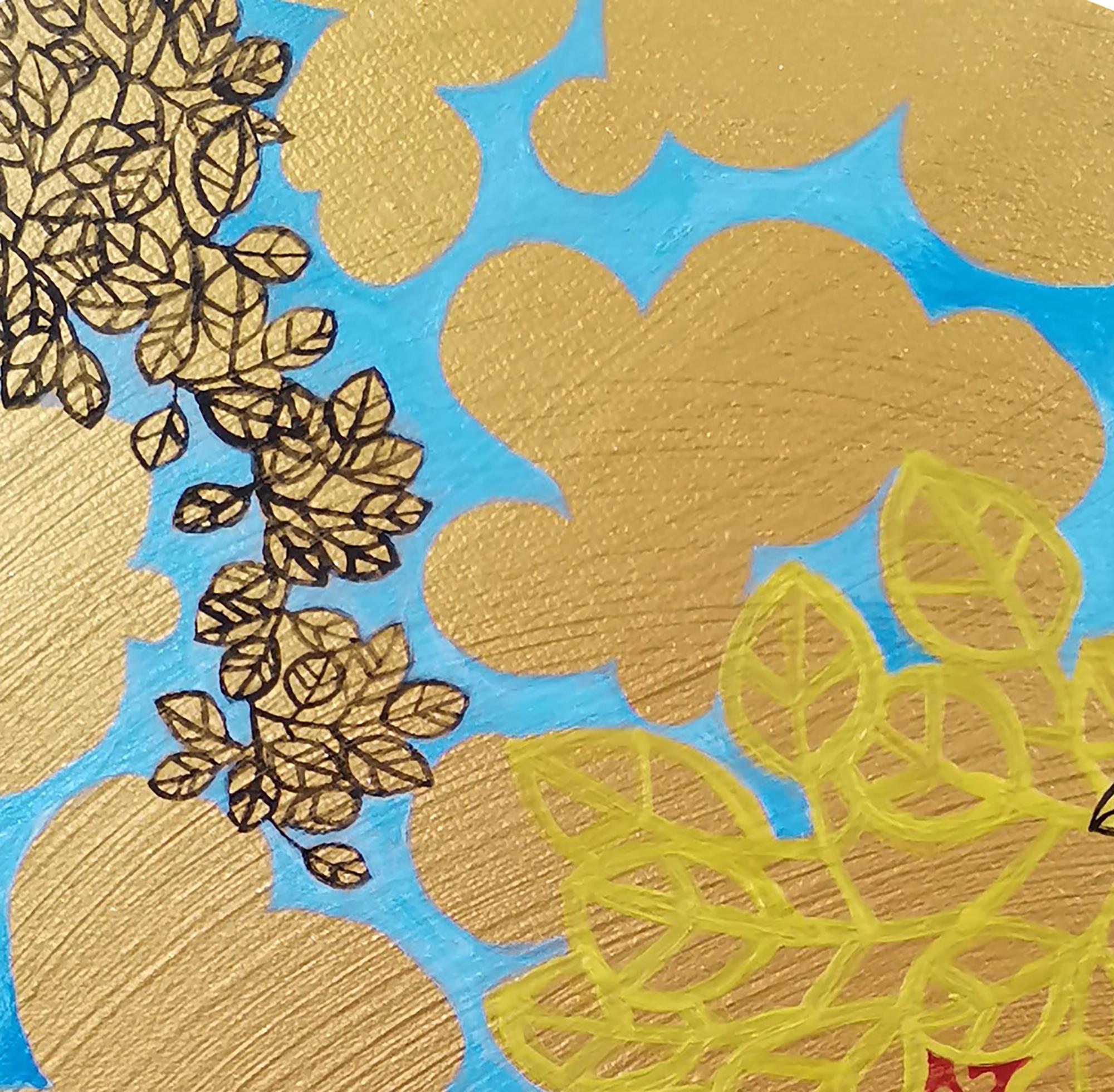 Figuratif, paysage, or, fleurs, bleu, rouge en vente 1