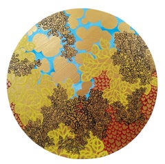 Figurativo, Paesaggio, Oro, Fiori, Blu, Rosso