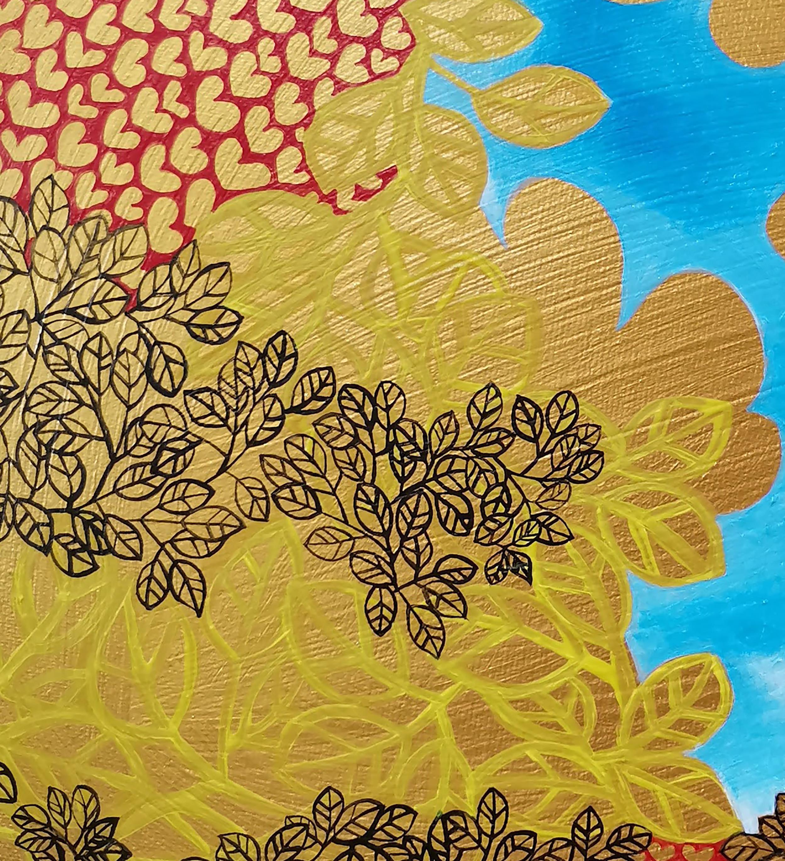 Figurativo, Paisaje, Oro, Flores, Azul, Rojo - Painting de Fuen Chin