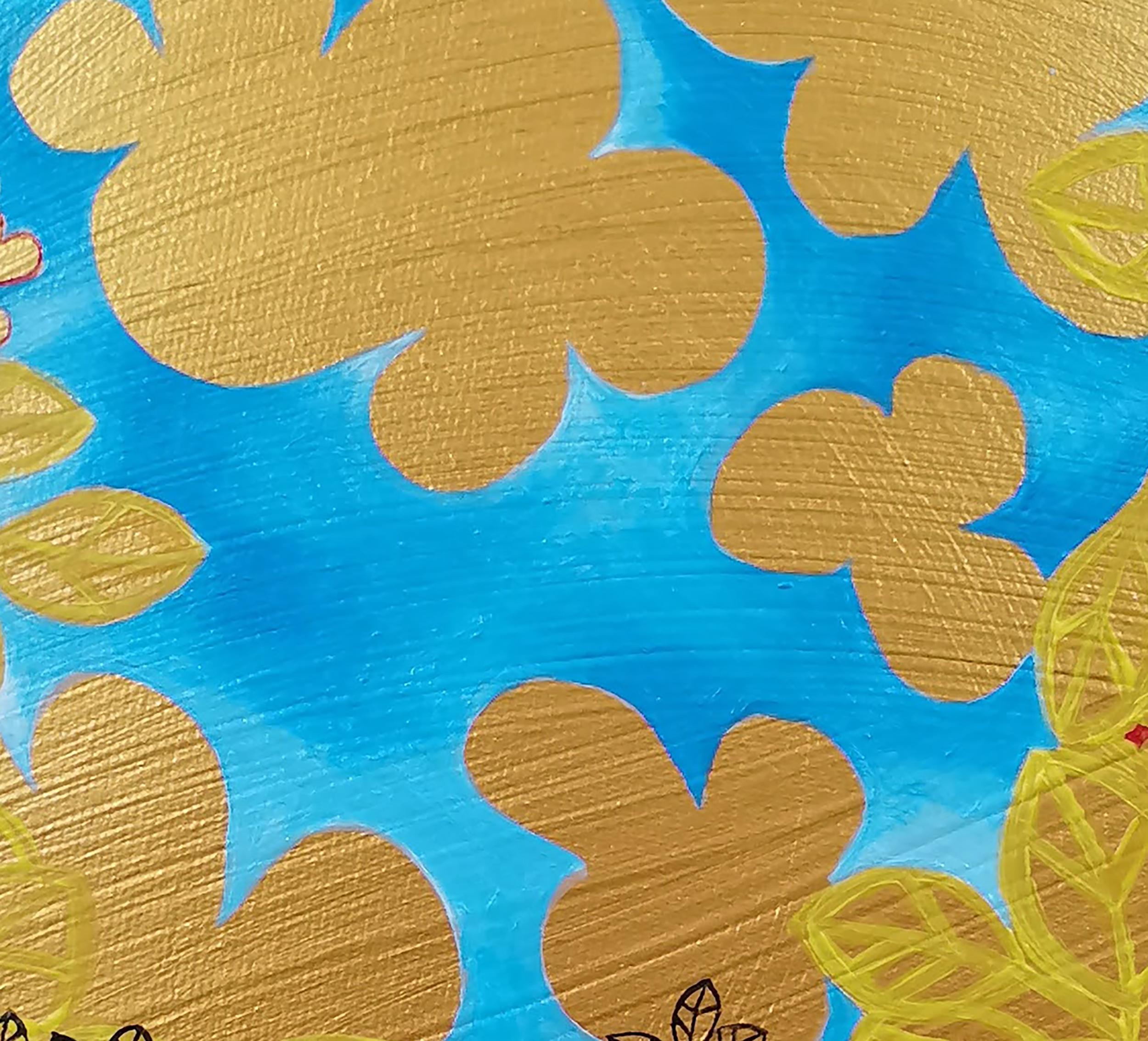 Figurativo, Paisaje, Oro, Flores, Azul, Rojo - Painting Geométrico abstracto de Fuen Chin
