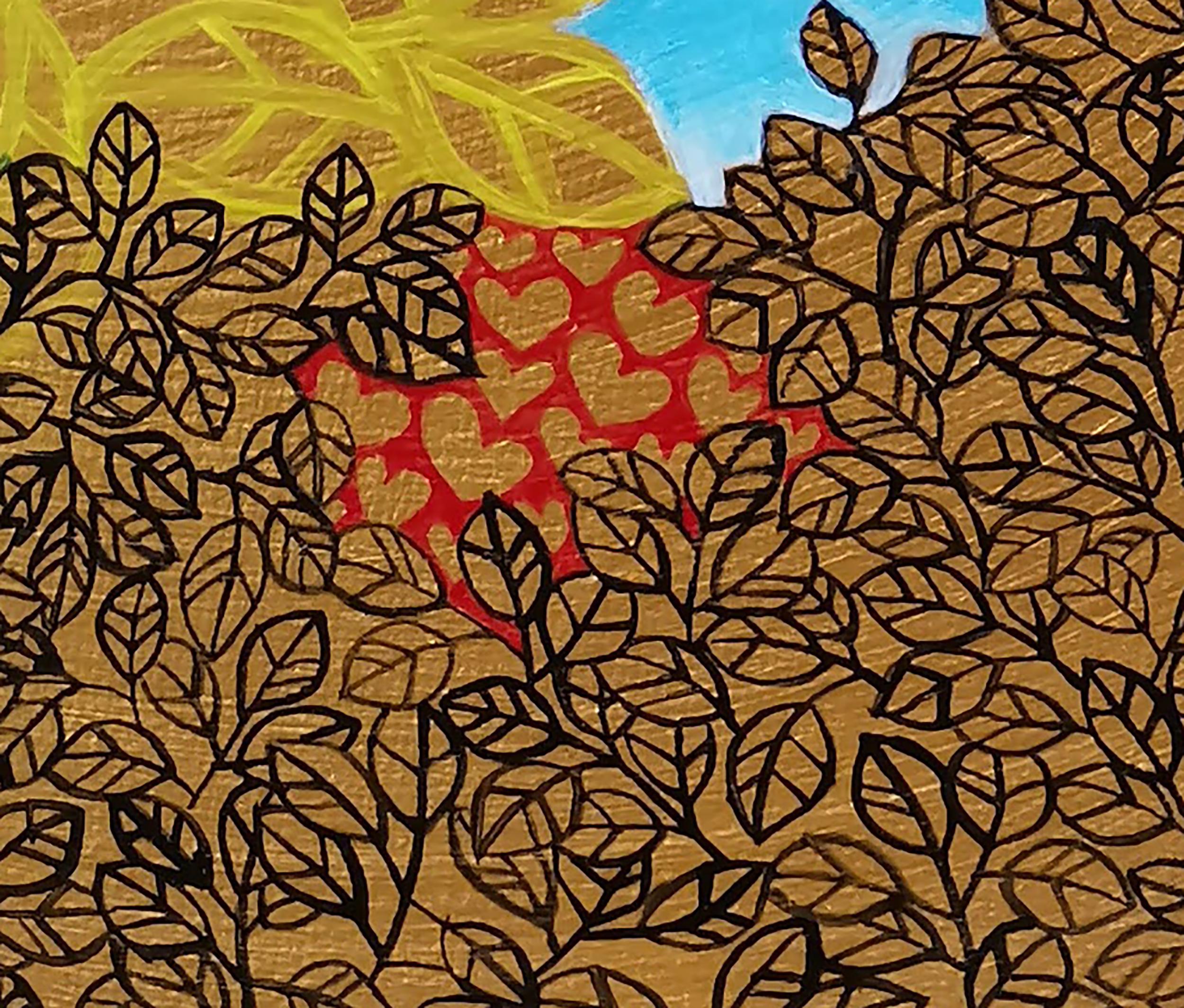Figurativo, Paisaje, Oro, Flores, Azul, Rojo - Abstract Painting Marrón de Fuen Chin
