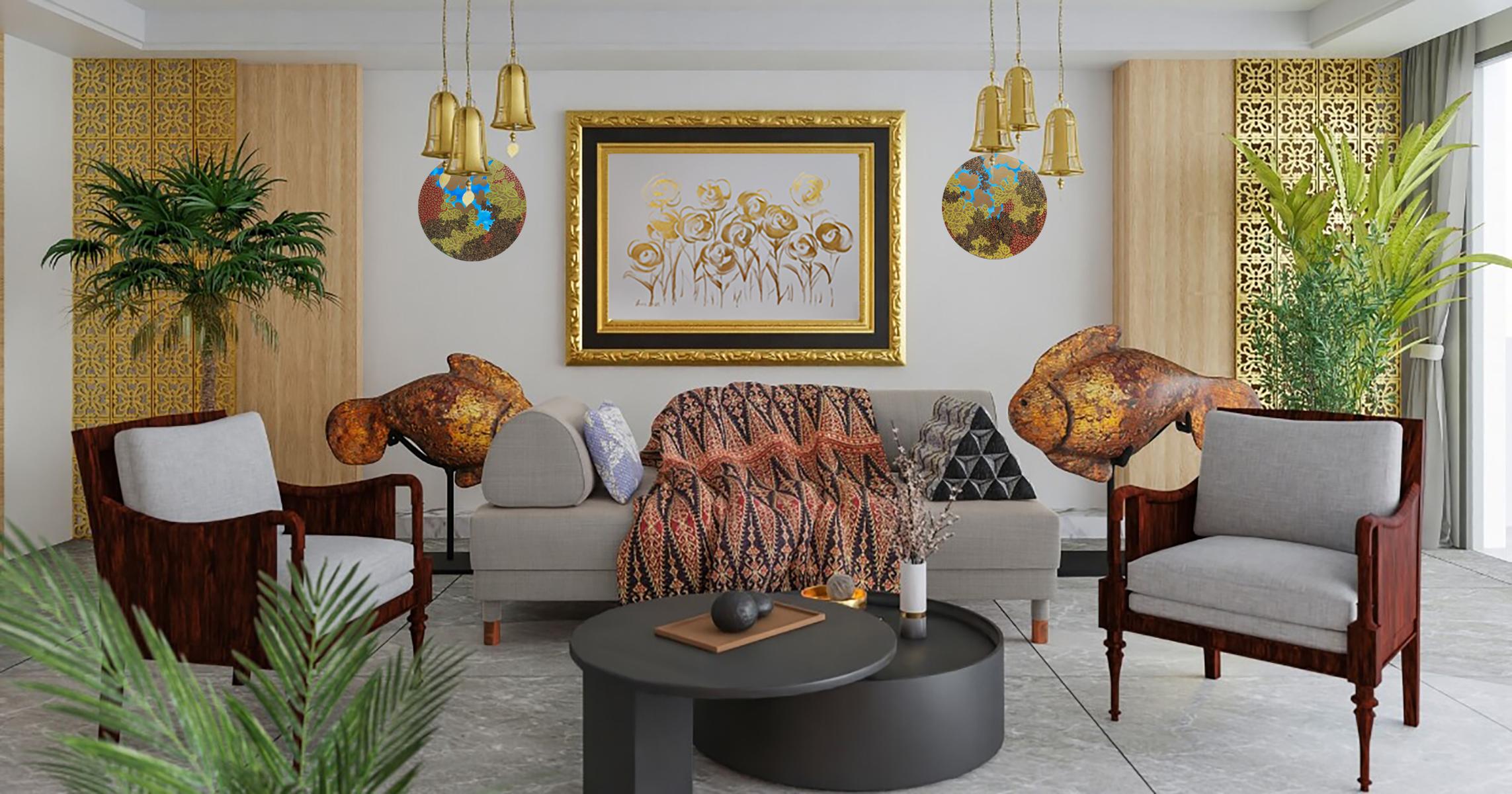 Figurativo, Paisaje, Oro, Flores, Azul, Rojo en venta 2