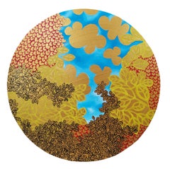 Figurativo, Paesaggio, Oro, Fiori, Blu, Rosso