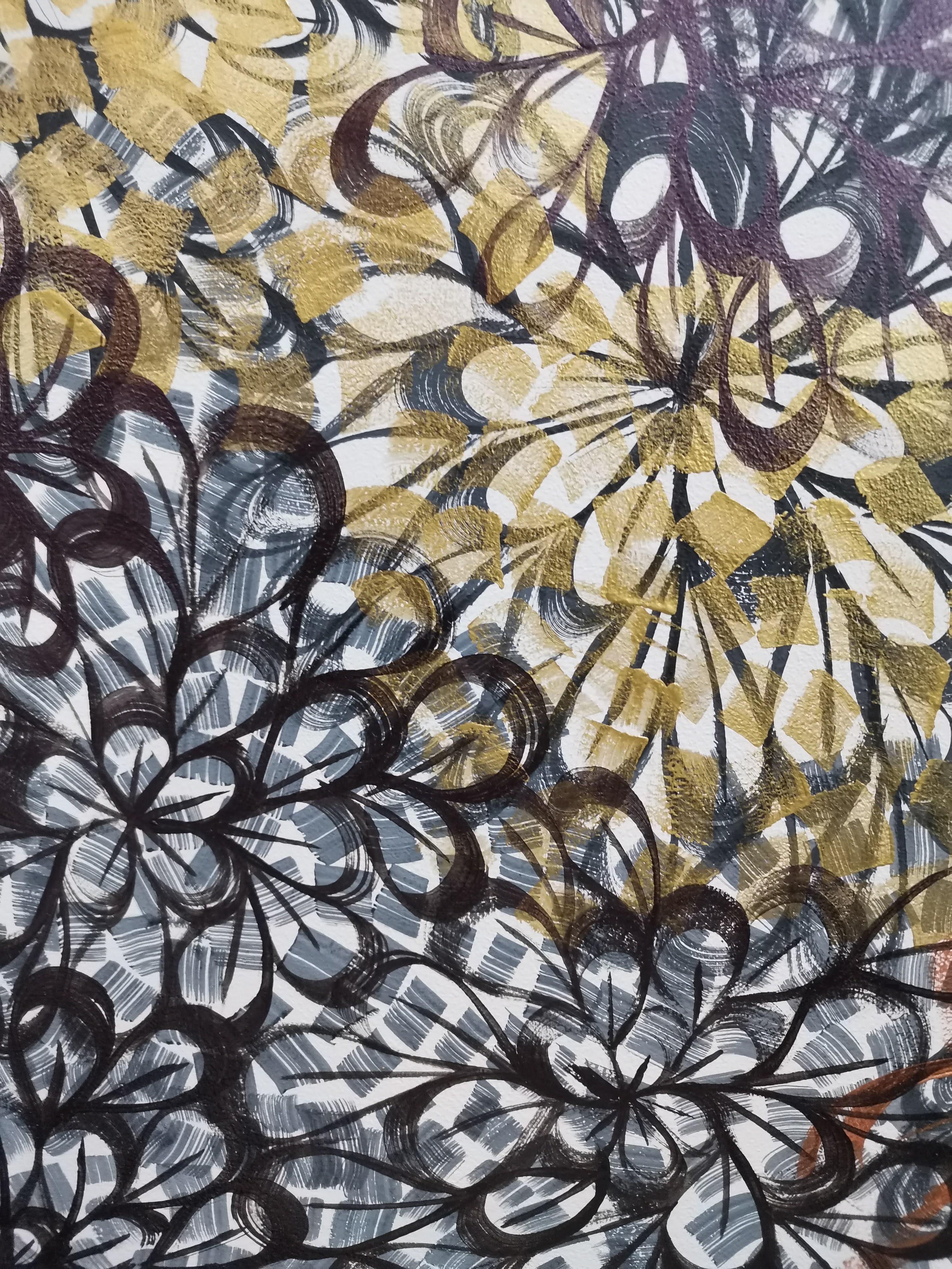 Capturo la encantadora esencia de la hora dorada de la primavera, llena de flores, vitalidad y energía. Manejando pinceles y mezclando salpicaduras de bronce en ricos fluidos negros, he creado una escena tropical sobre un fondo crudo natural. El