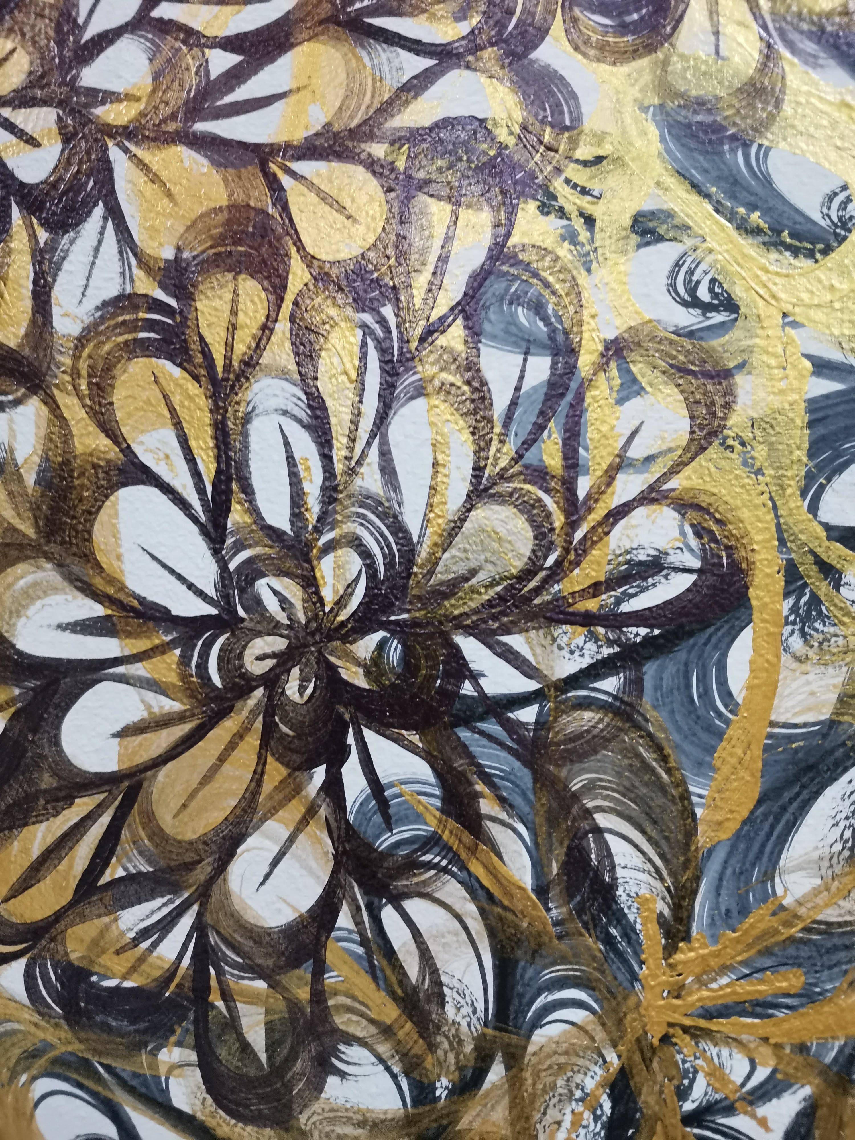 Flores doradas, Impresionismo, Figurativo, Primavera, Flores, Tropical - Abstract Painting Marrón de Fuen Chin