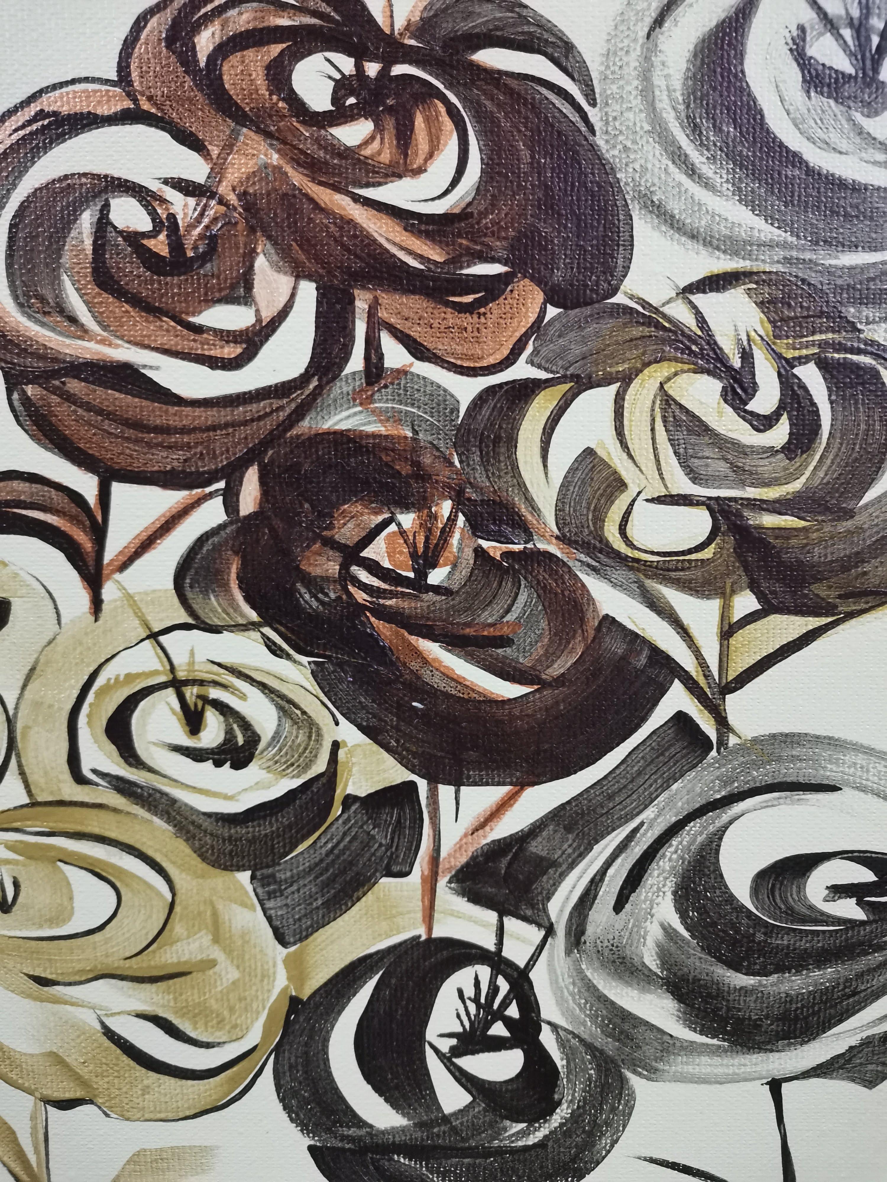 Rose I, Calligrafia, Romantico, Impressionismo, Fiori d'oro, Figurativo - Painting di Fuen Chin