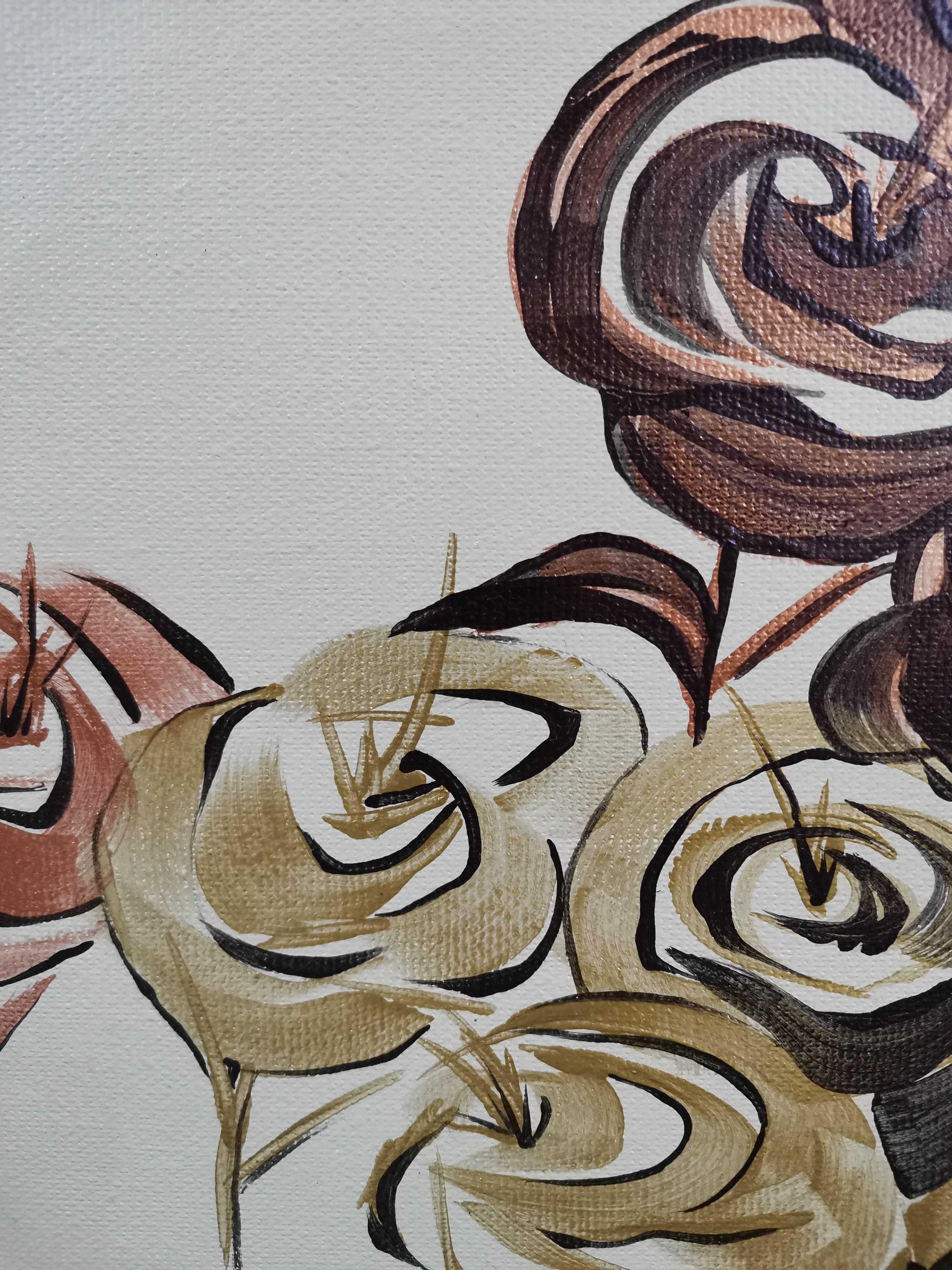 Rose I, Calligrafia, Romantico, Impressionismo, Fiori d'oro, Figurativo - Figurative Painting Grigio di Fuen Chin