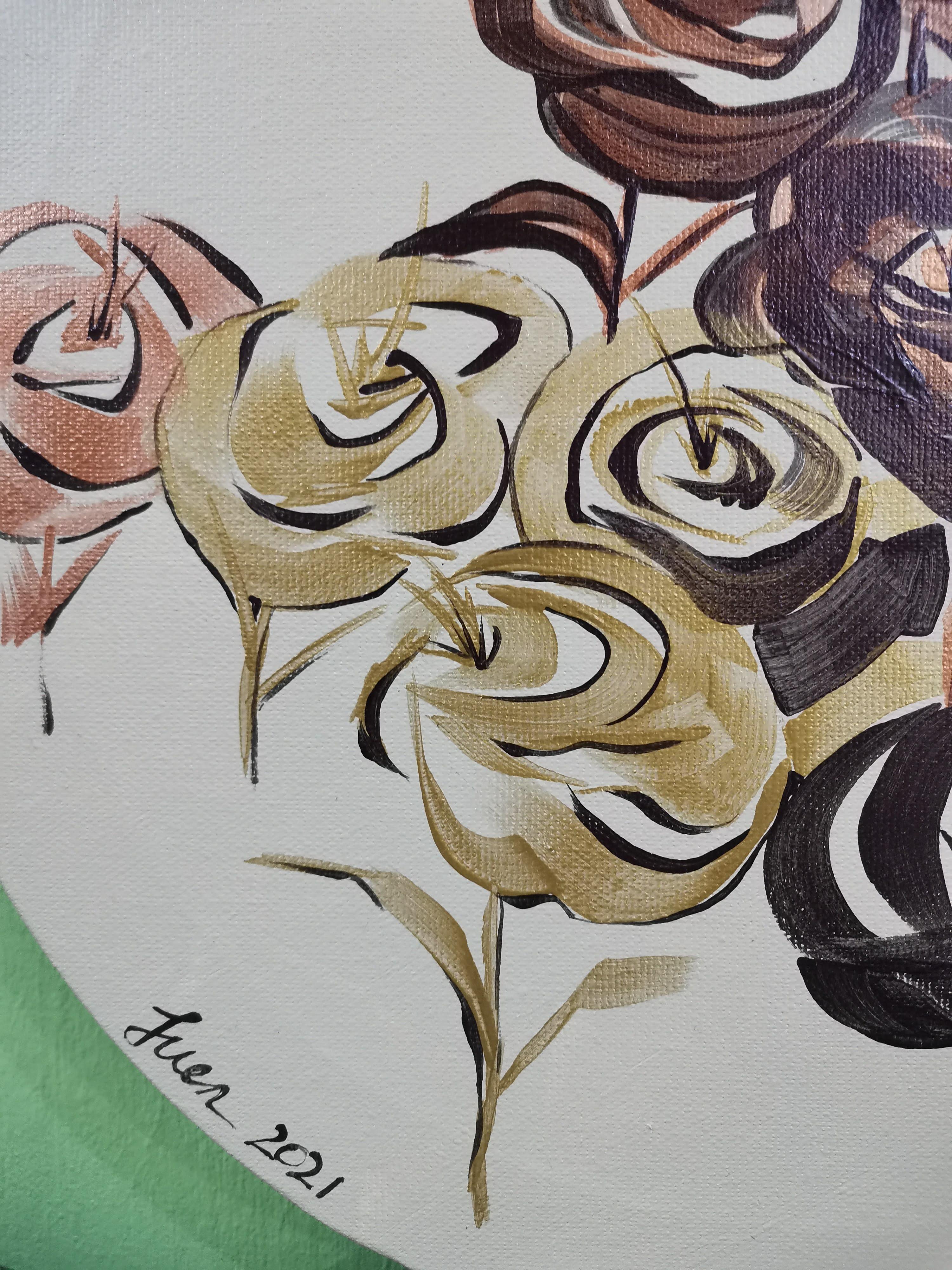 Rose I, Calligrafia, Romantico, Impressionismo, Fiori d'oro, Figurativo in vendita 1