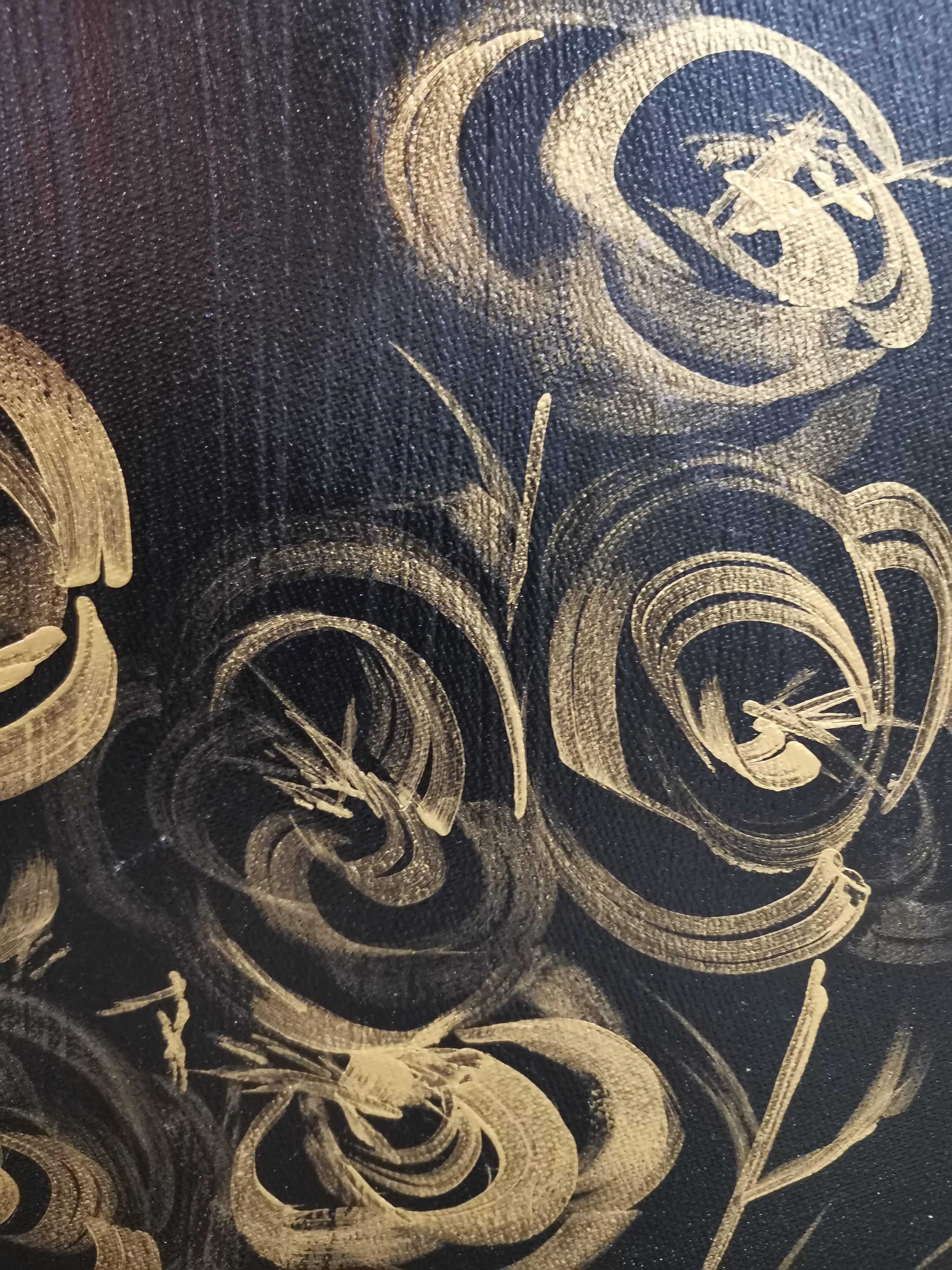Rose II, Calligrafia, Romantico, Impressionismo, Fiori d'oro, Figurativo - Figurative Painting Nero di Fuen Chin