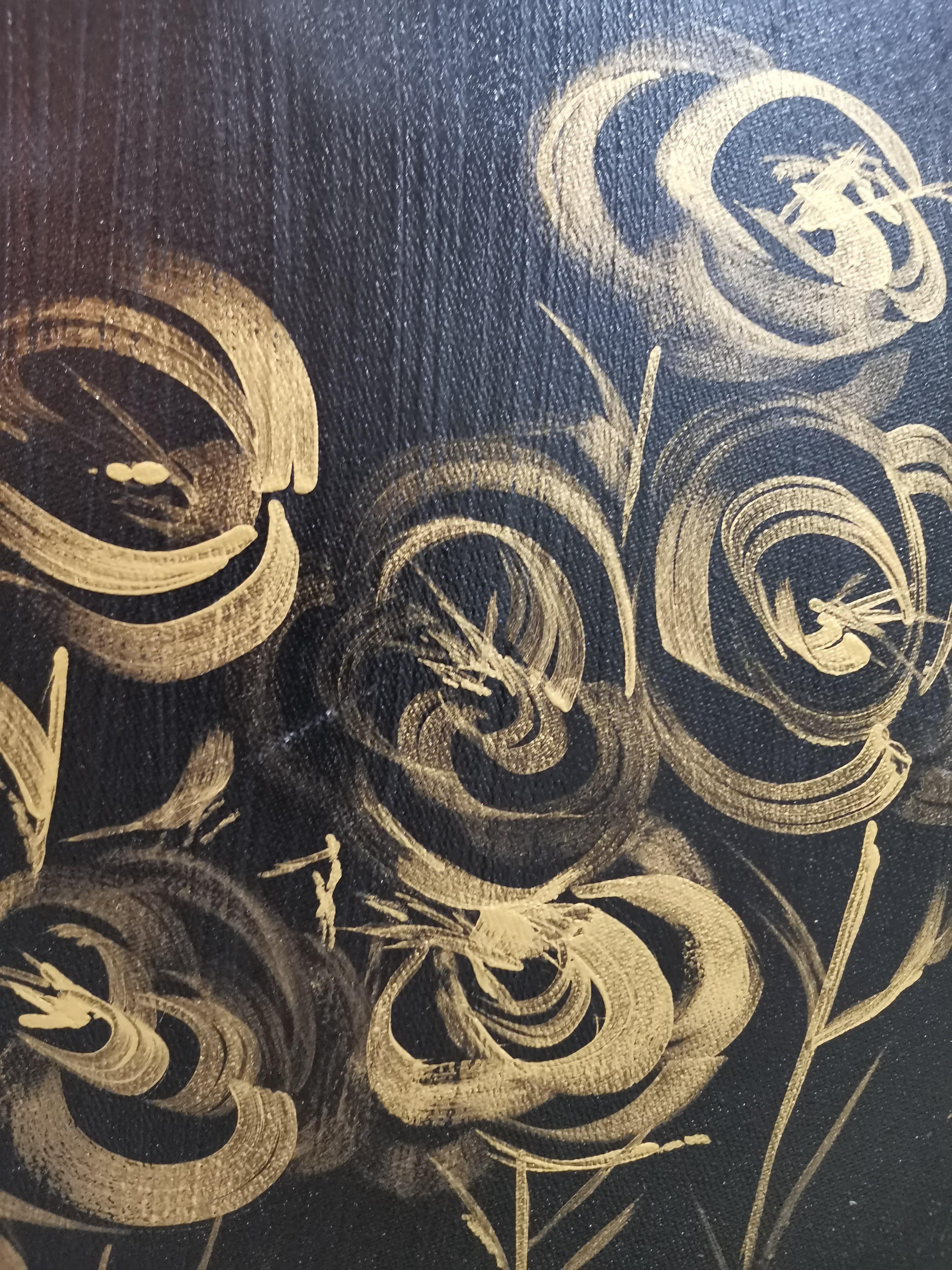 Rose II, Calligrafia, Romantico, Impressionismo, Fiori d'oro, Figurativo in vendita 1