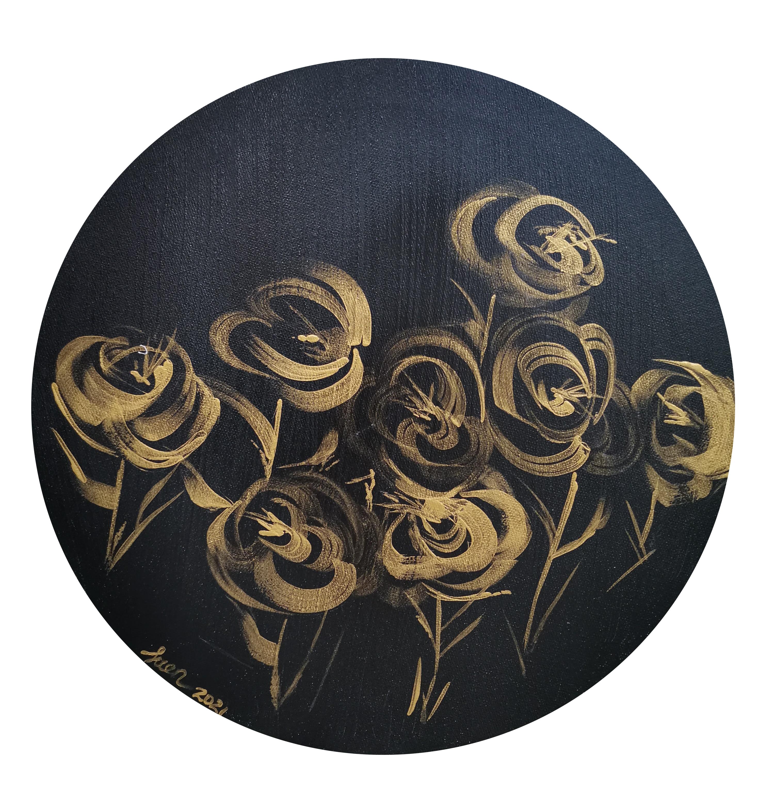 Roses II, Calligraphy, Romantic, Impressionism, Gold Flowers, Figurative