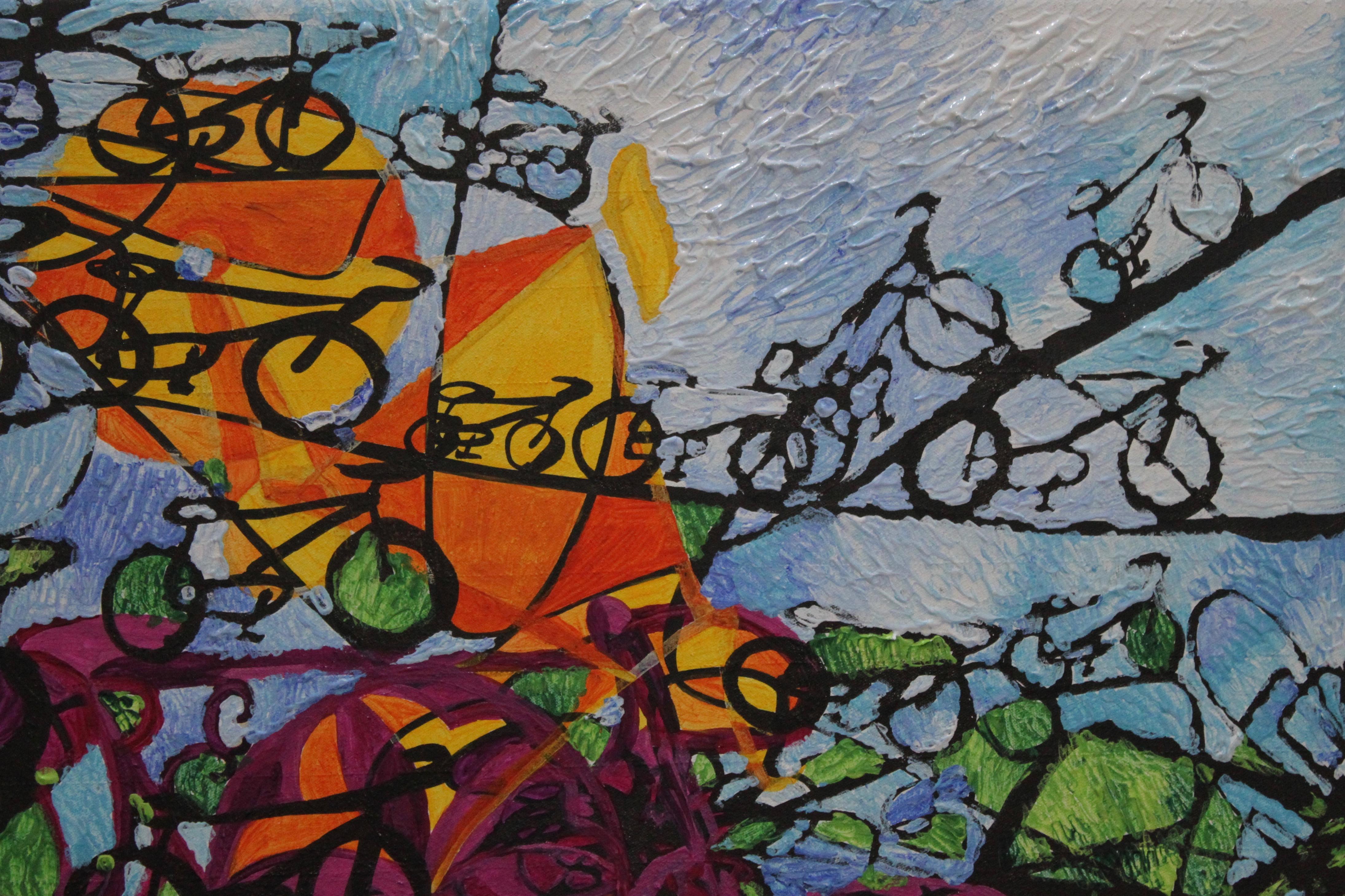 Bicicletas, Primavera, Felices Fiestas, Expresionista, Movimiento Modernista - Figurative Painting Gris de Fuen Chin