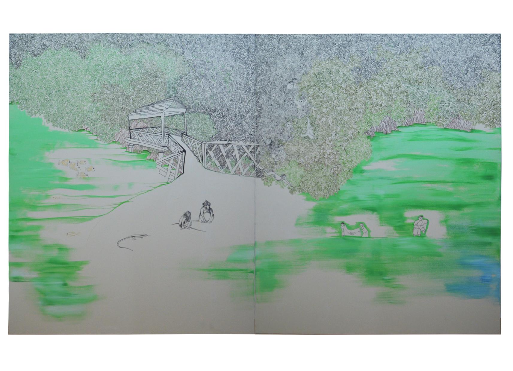 Hypermorph Garden 4.0 is a captivating, oversized painting that captures the beauty of the mangrove forest in the Kedah state of Malaysia. The fine lines and intricate details, rendered in acrylic and ink on canvas, create a documentary-style