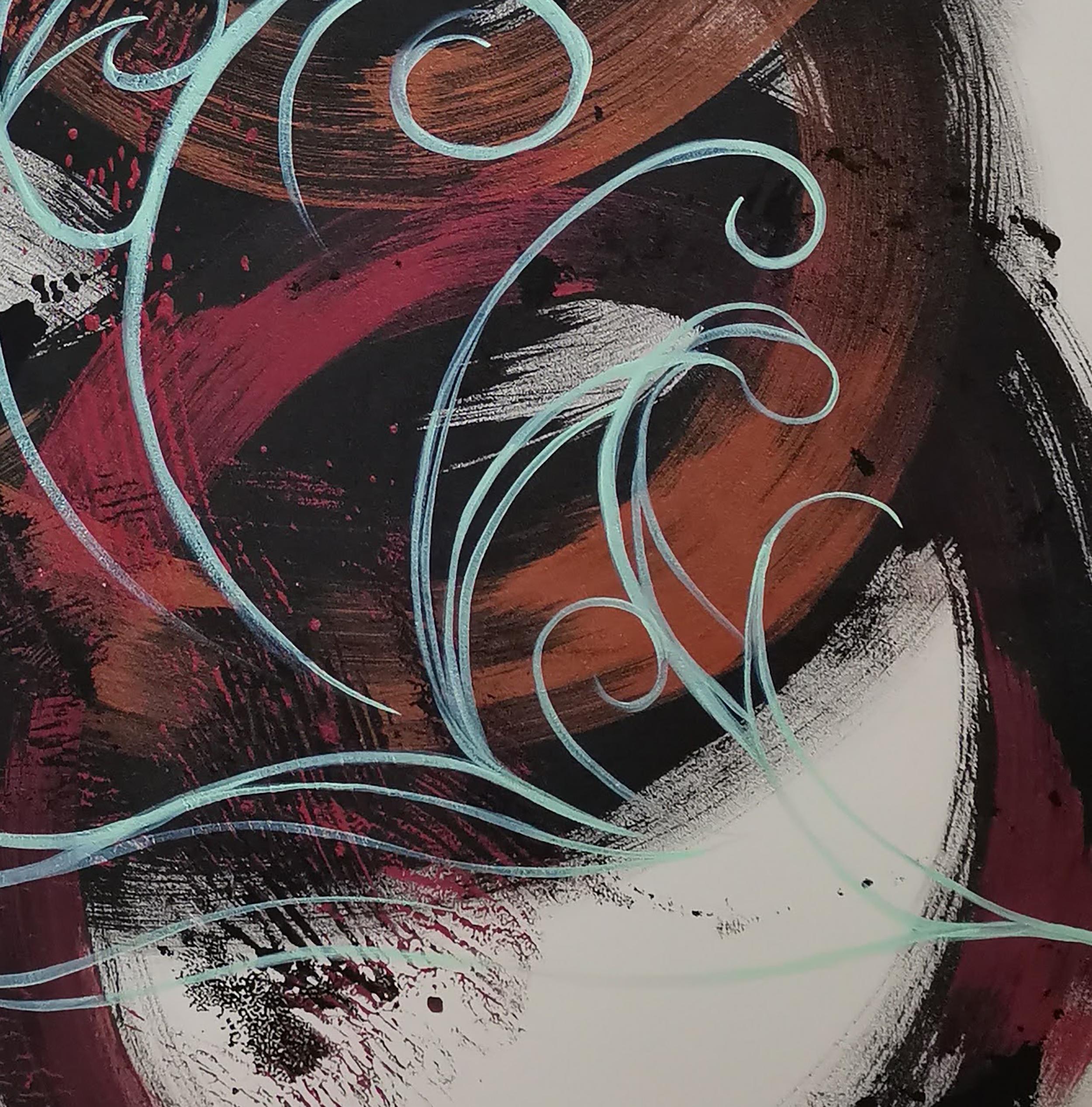 Hipermorphing 2.3 es un paisaje abstracto con detalles que se atenúan, como las hojas de bronce dorado que brillan sobre la base de color crudo.  Como me gustaba el trazo fino del arte Chinoiserie, utilicé tinta y acrílicos para crear este paisaje