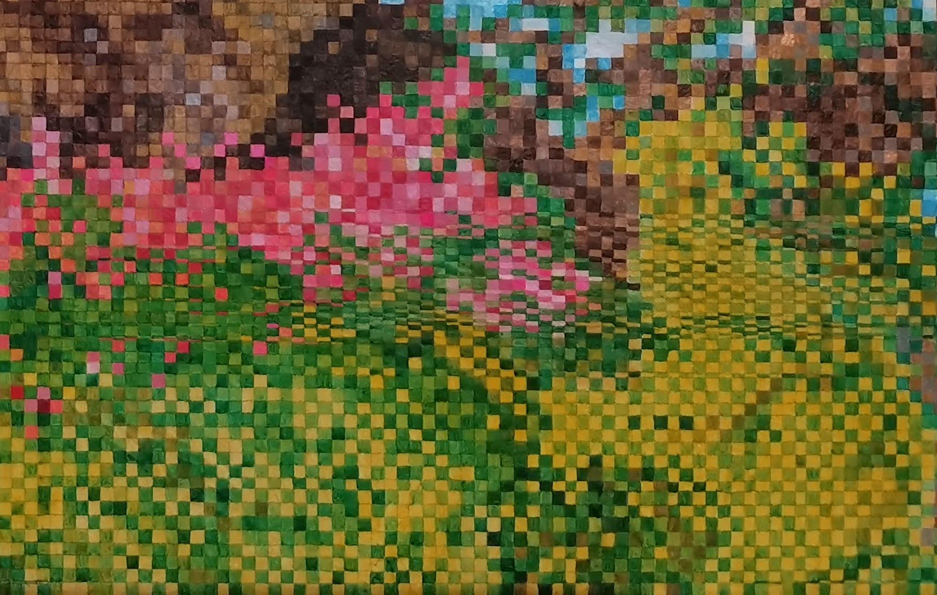 Landscape, Hypermorph Garden 5.0, Pixel, Mountains (Blau), Figurative Painting, von Fuen Chin