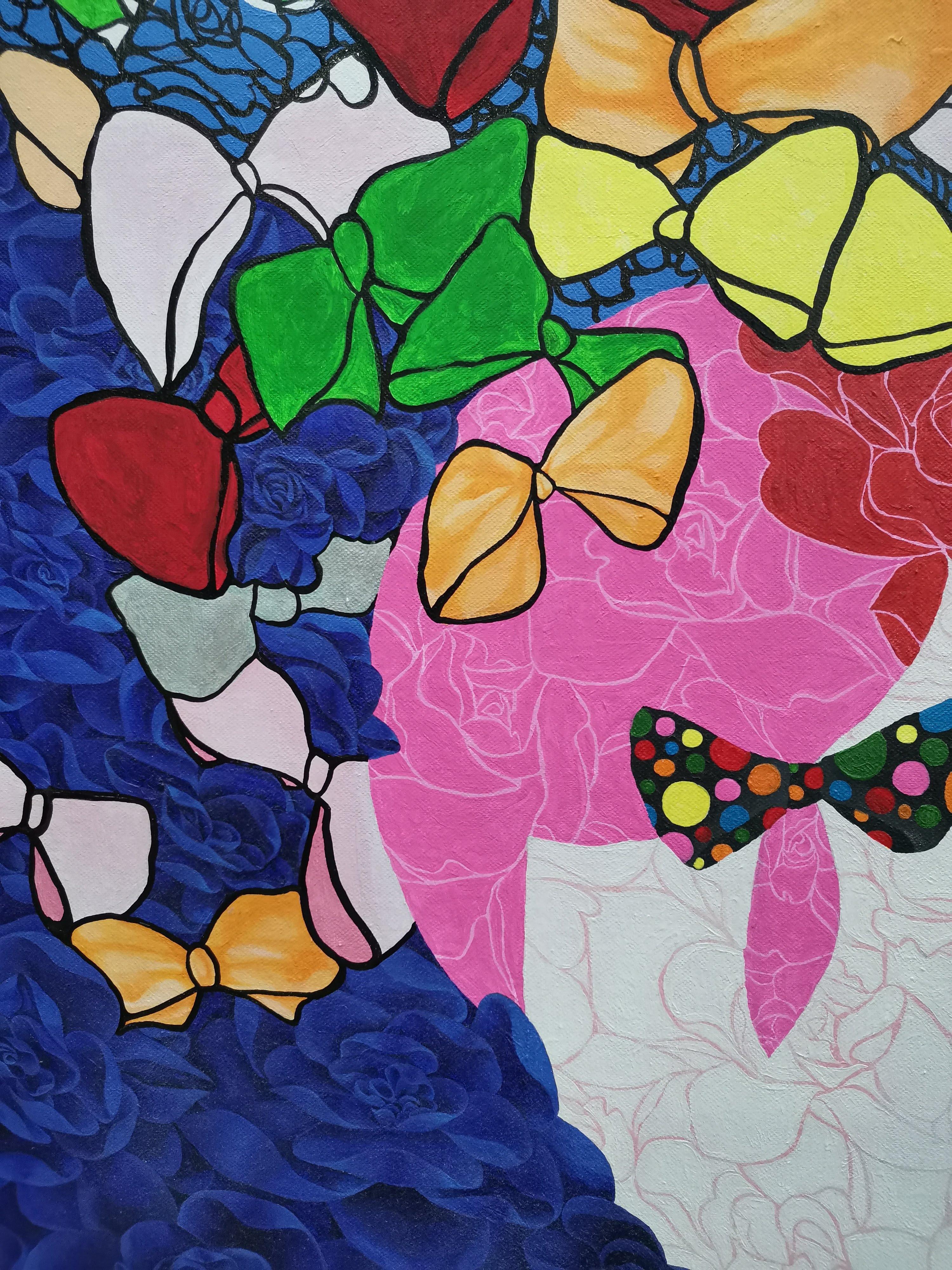 Rosas, Retrato, Artista femenina, Expresionista, Alter-ego, Lazos - Painting Contemporáneo de Fuen Chin