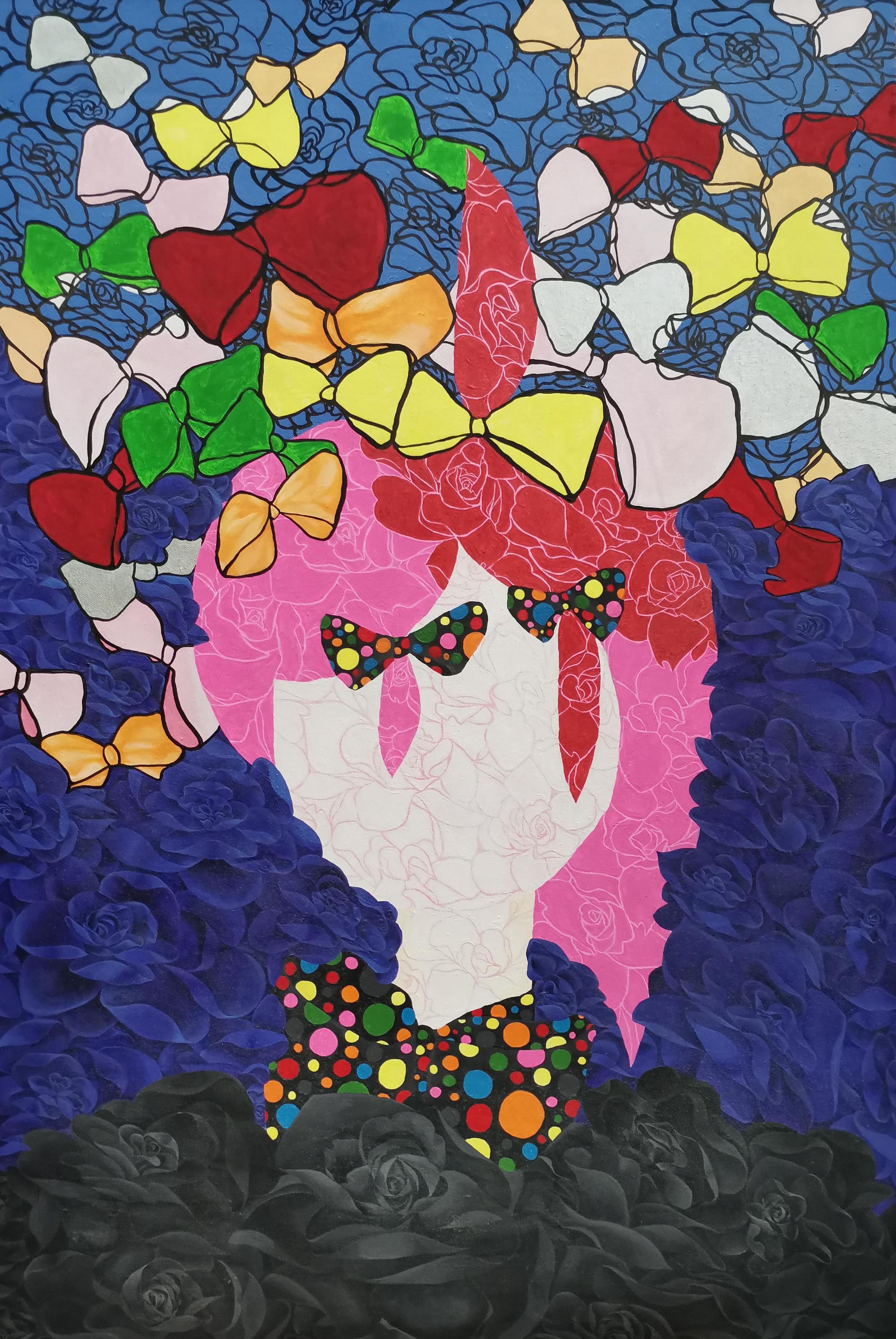 Figurative Painting de Fuen Chin - Rosas, Retrato, Artista femenina, Expresionista, Alter-ego, Lazos