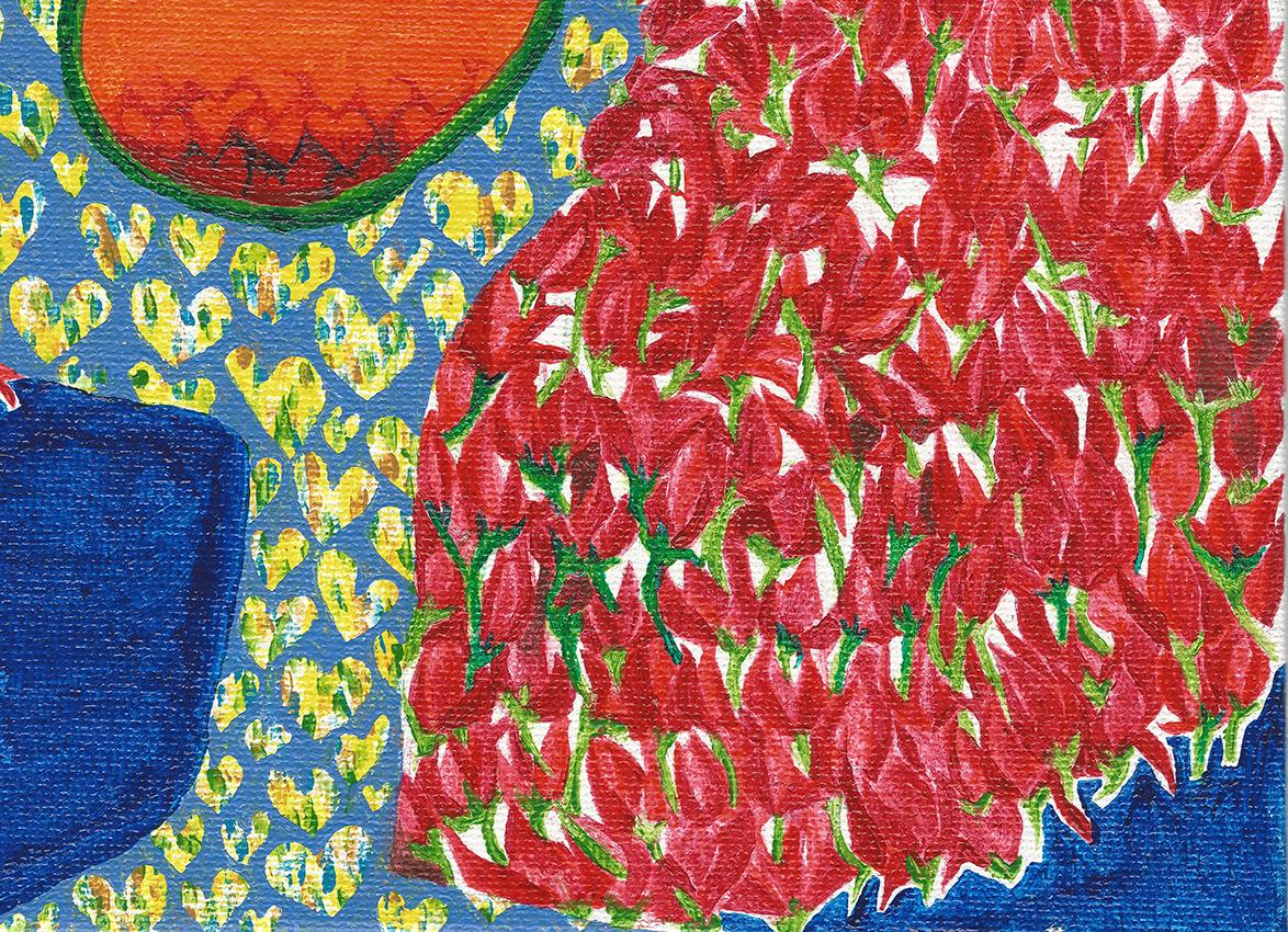 Women's Fiction IV est une peinture figurative. Ceci est un Self-Portrait de moi, je l'ai fait en 2013. Il faisait très chaud à l'époque. Pourtant, les fleurs du jardin s'épanouissaient. 

Veuillez noter que cette peinture est réalisée sur un