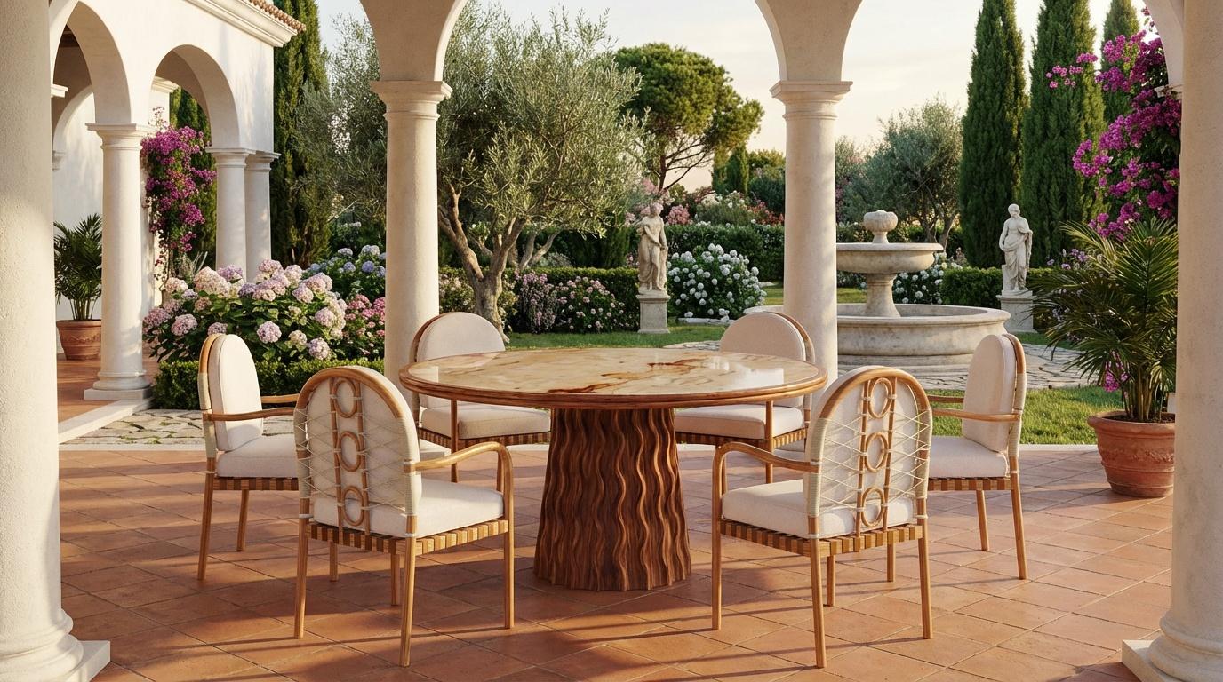 La table à manger ronde Fuengirola, créée en partenariat avec Mediterrazza, capture l'élégance du design méditerranéen dans un meuble de luxe pour l'extérieur. Fabriqué à la main en bois d'iroko de première qualité, il présente une base conique