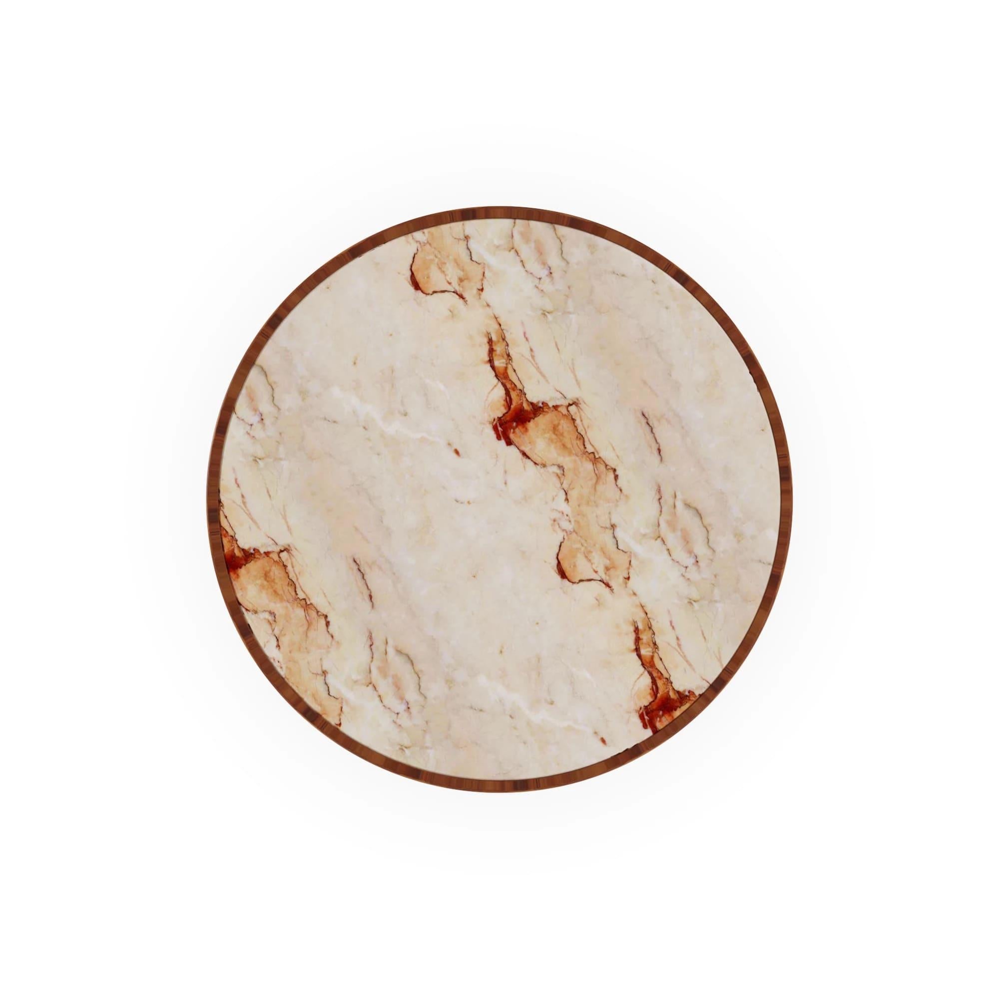 Fatto a mano Fuengirola Outdoor Round Dining Table in Iroko Textured Wood with Marble Top in vendita