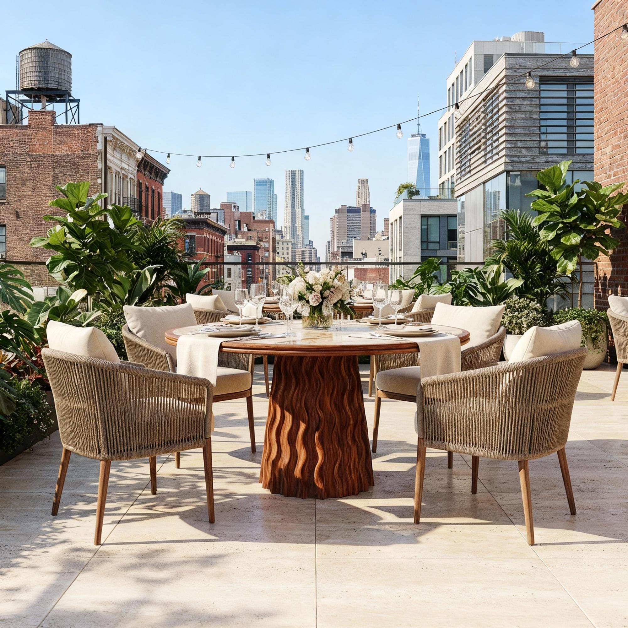 XXIe siècle et contemporain Table de salle à manger ronde d'extérieur Fuengirola en Wood Wood Iroko texturé avec plateau en marbre en vente
