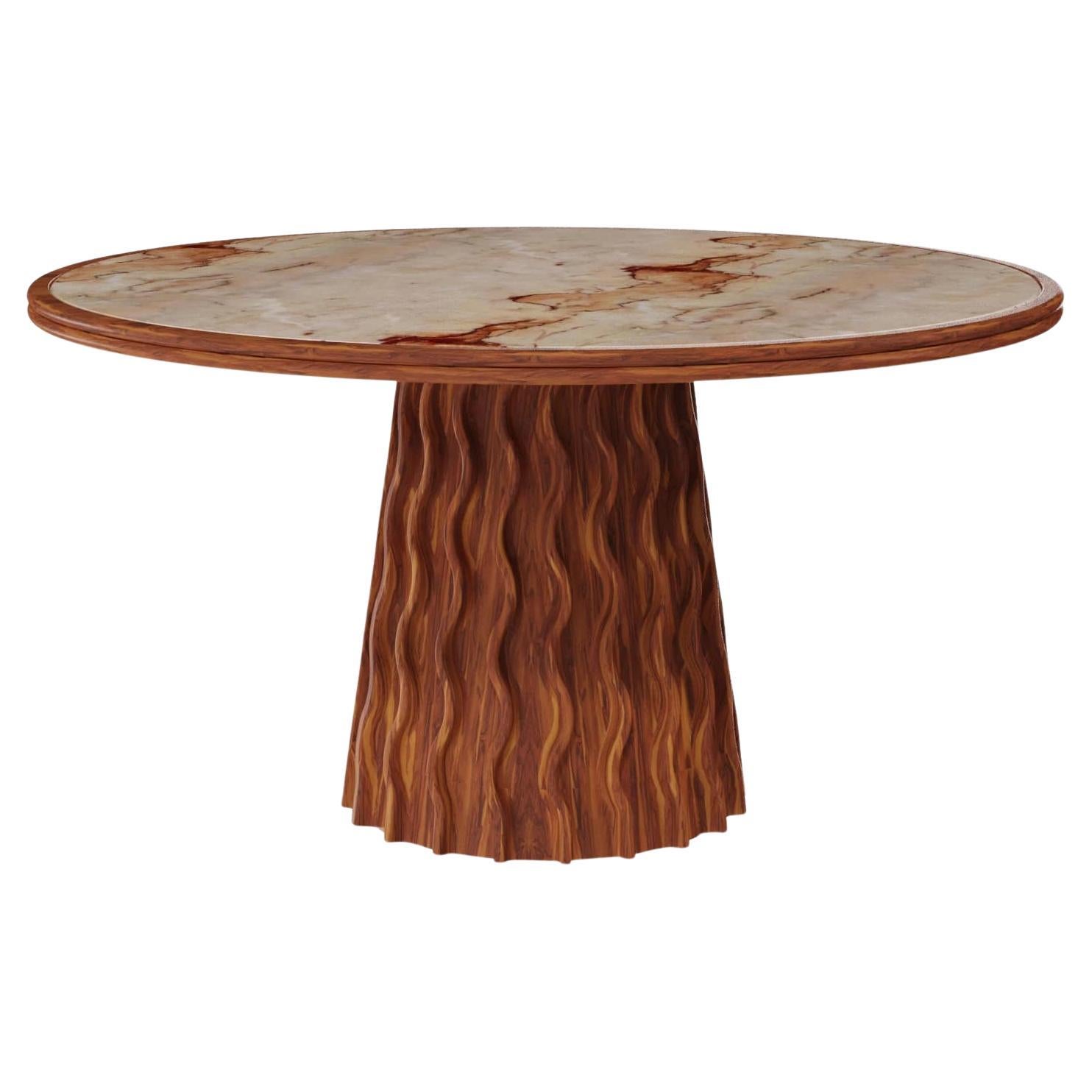 Fuengirola Outdoor Round Dining Table in Iroko Textured Wood with Marble Top