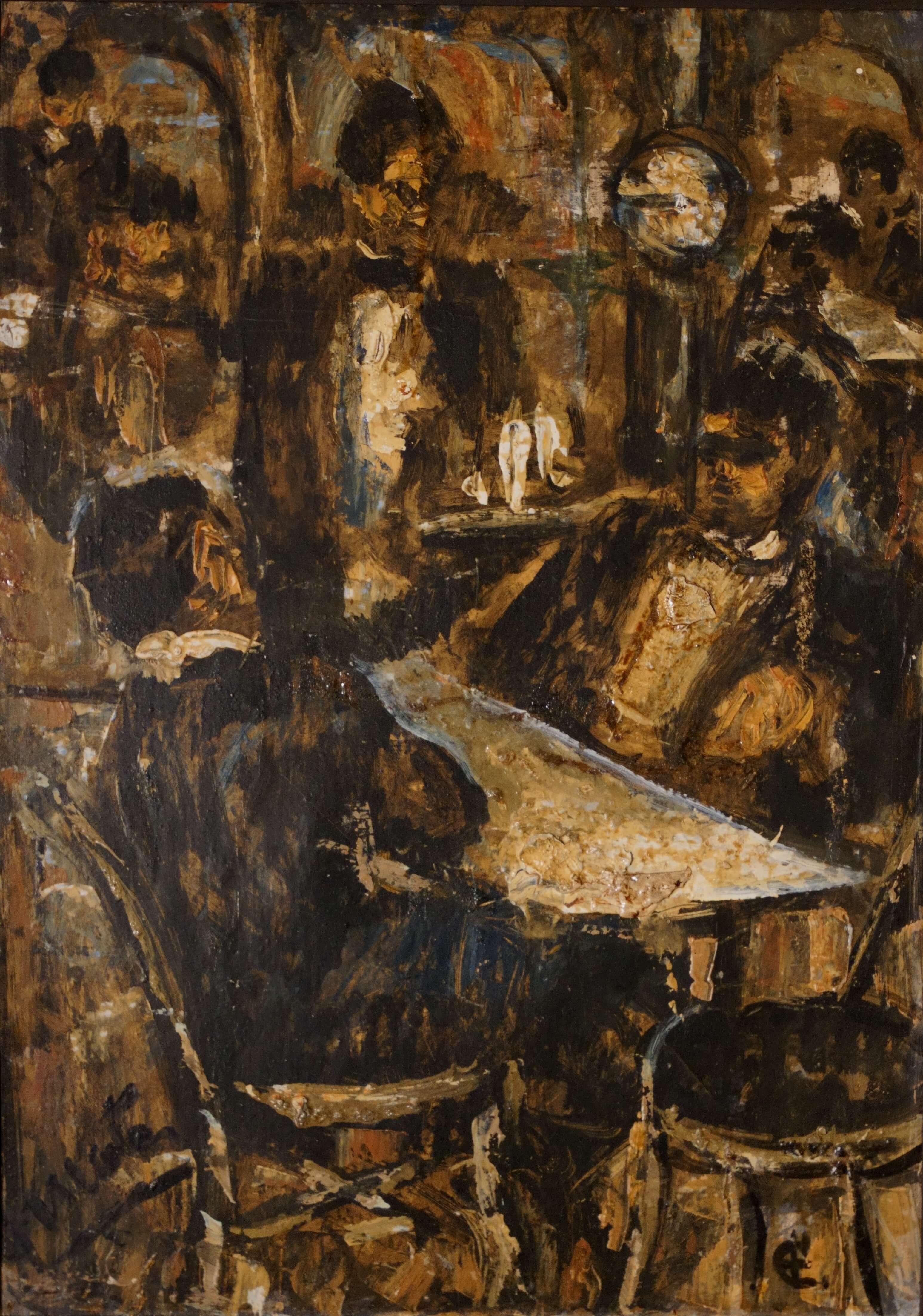 Figurative Painting di Fuentes Antonio - "Al caffé" Pittura a Olio Firmata Pittura Marocchina Il Picasso di Tangeri