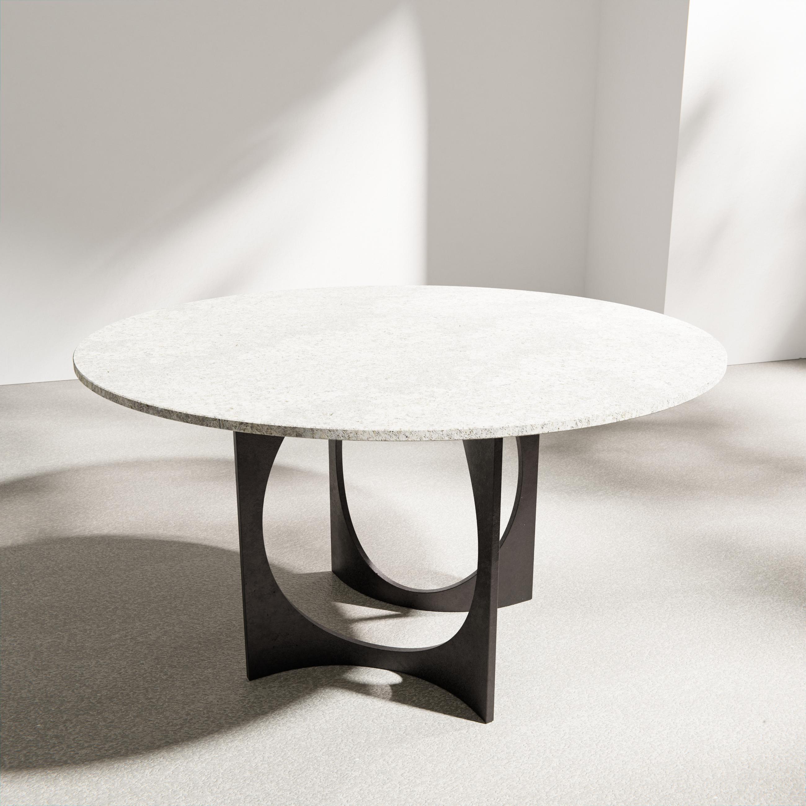 Post-Modern Round Fuga Dining Table in Cast Iron and Stone Top by Metamorphic Art Studio For Sale