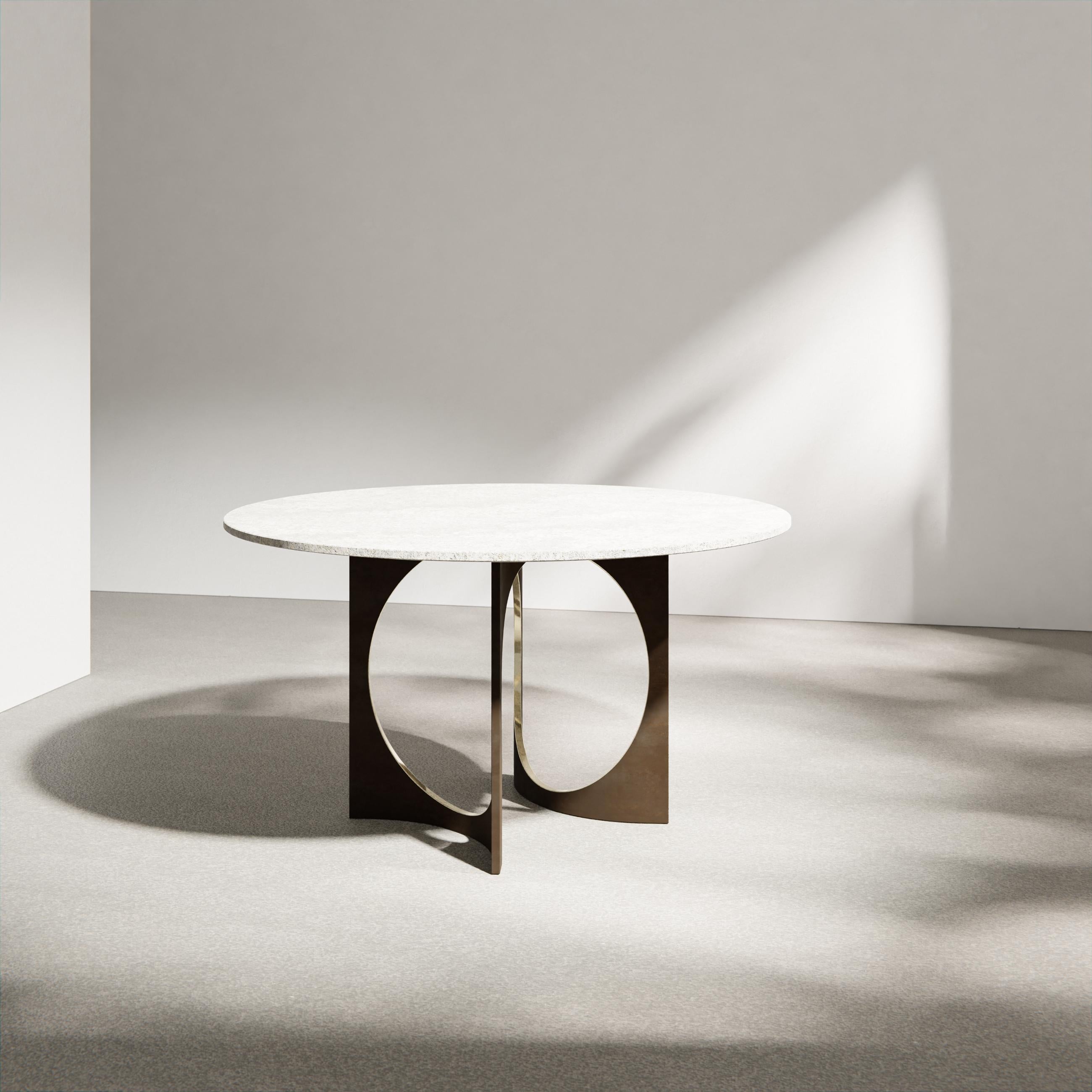 Post-Modern Round Patina Fuga Dining Table with Stone Top by Metamorphic Art Studio For Sale