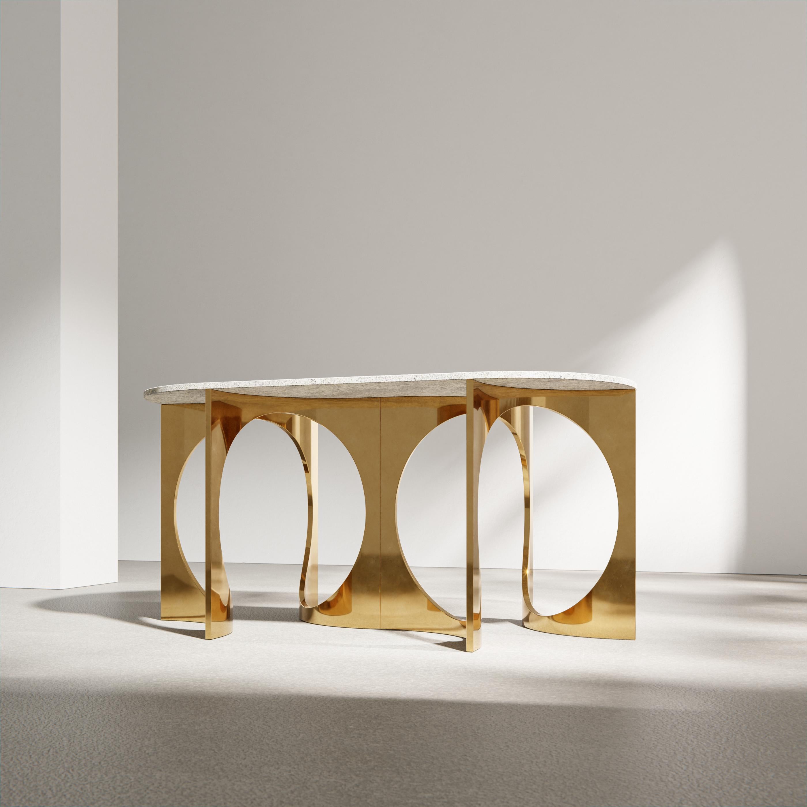 Post-Modern Eclipse Fuga Duo Console in Cast Bronze and Stone by Metamorphic Art Studio For Sale