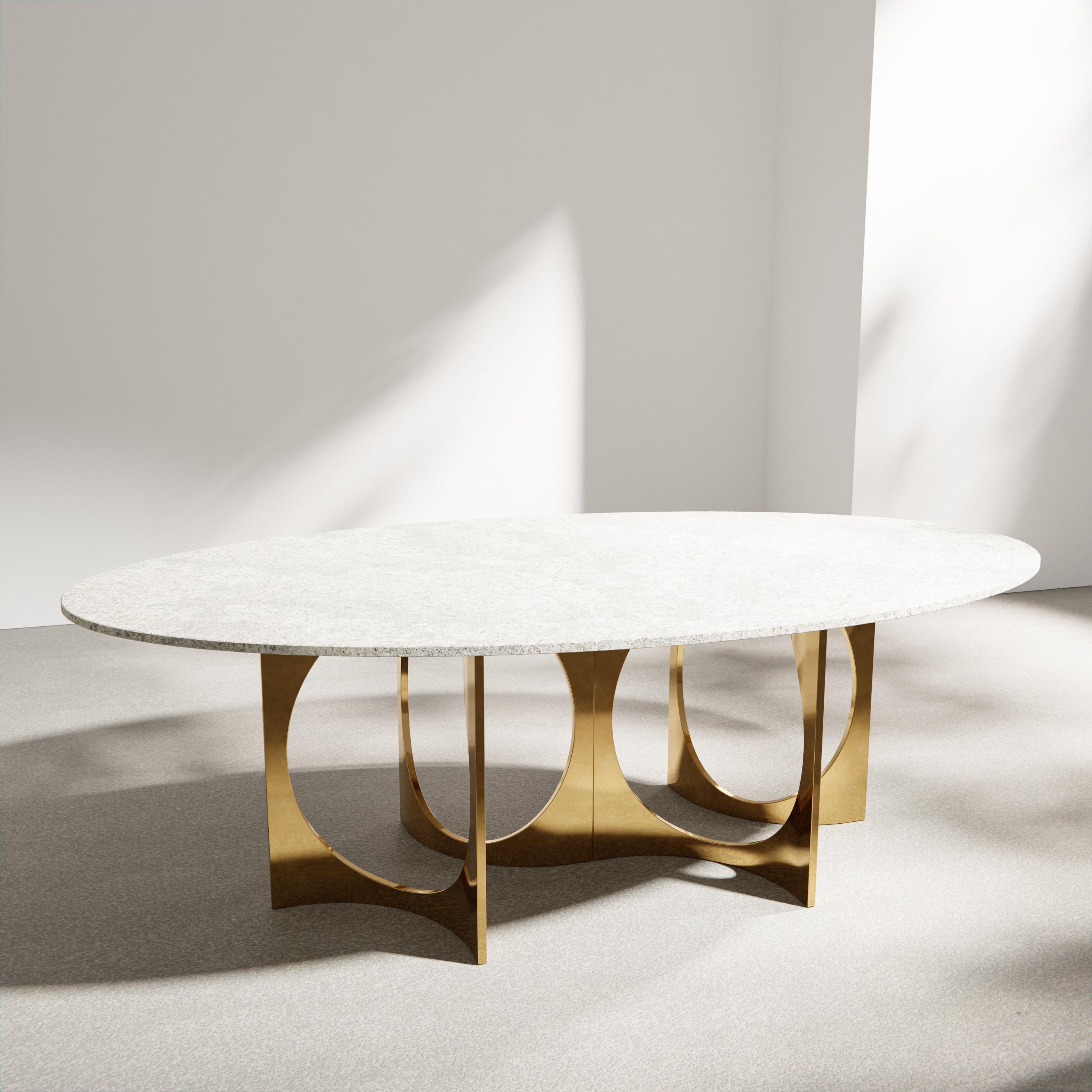 Post-Modern Ellipse Fuga Duo Dining Table in Cast Bronze and Stone by Metamorphic Art Studio For Sale