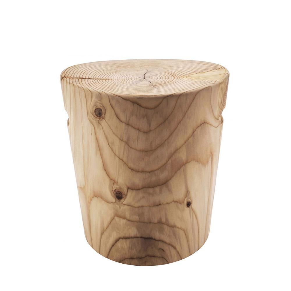 Stool Fuga in solid natural aromatic
cedar wood. Made in one block of cedar wood.
Treated with natural pine extracts wax.
Solid cedar wood include movement, 
cracks and changes in wood conditions, 
this is the essential characteristic of natural