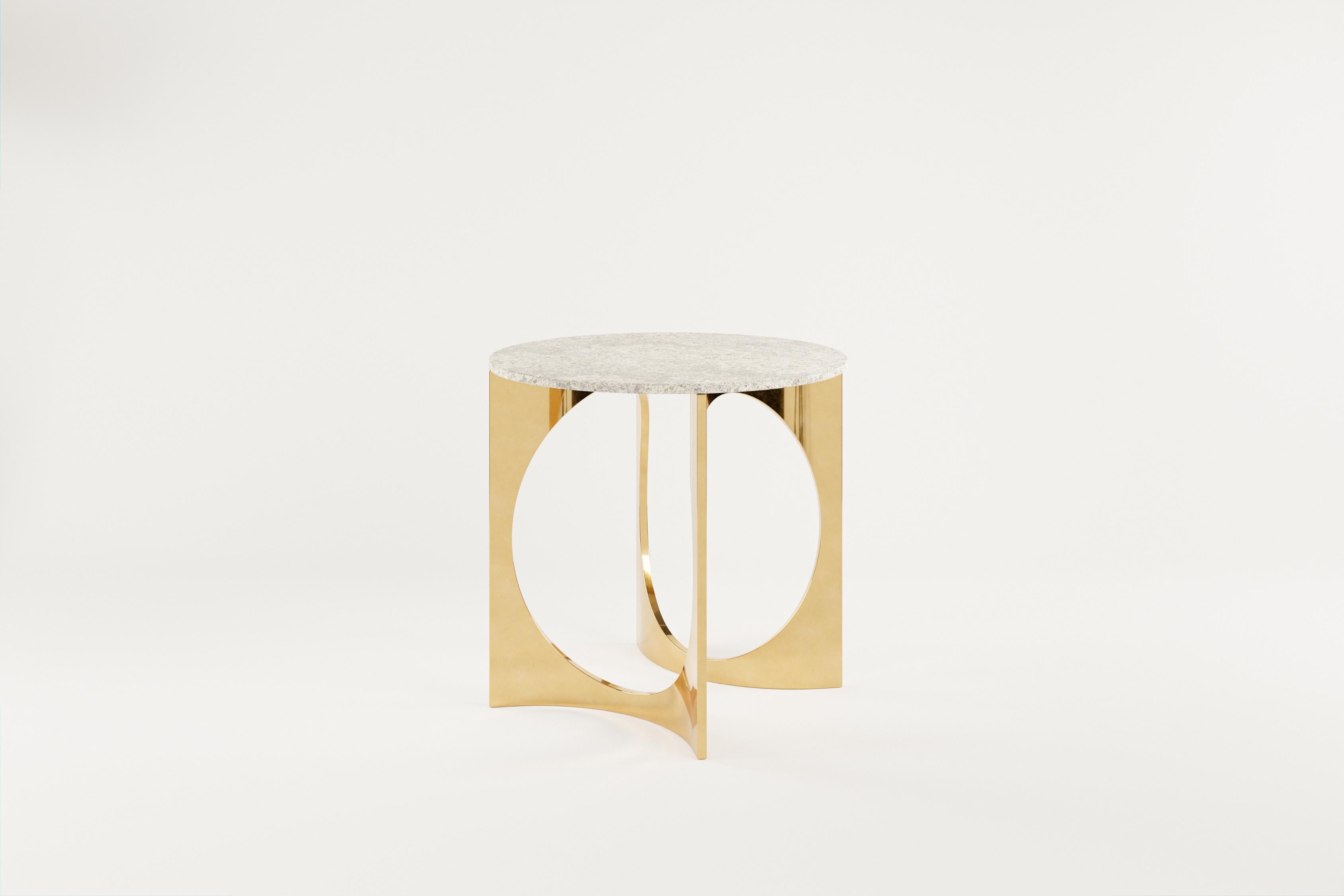 Round Fuga Breakfast Table in Cast Bronze and Stone by Metamorphic Art Studio
Dimensions: ⌀ 80 x H 77 cm
Materials: Cast Bronze, Stone

The Fuga table is a sculptural table with timeless elegance. The base is handcrafted in Belgium from four