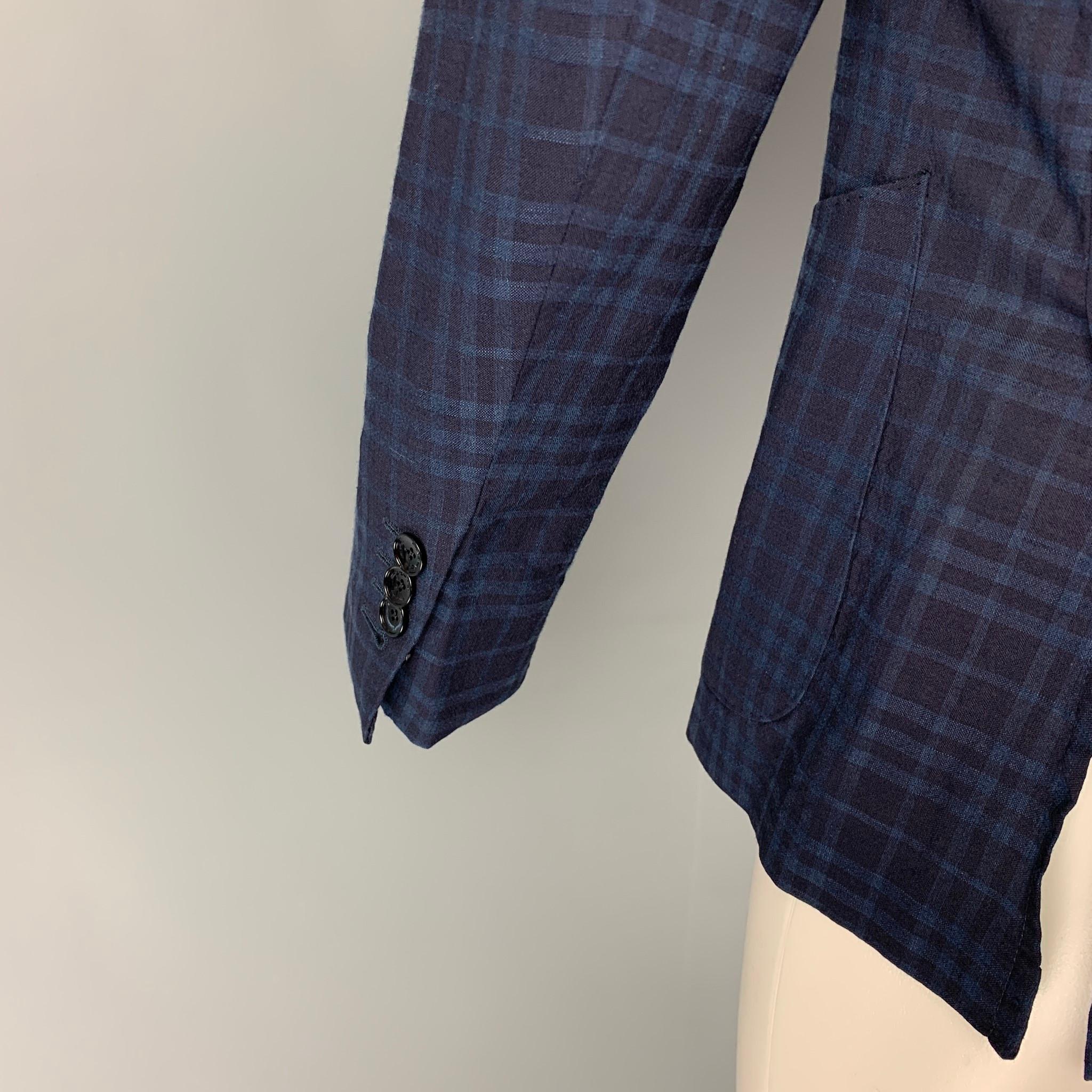 FUGATO for SHIPS Size 36 Navy Blue Plaid Flax Wool Sport Coat In Good Condition In San Francisco, CA