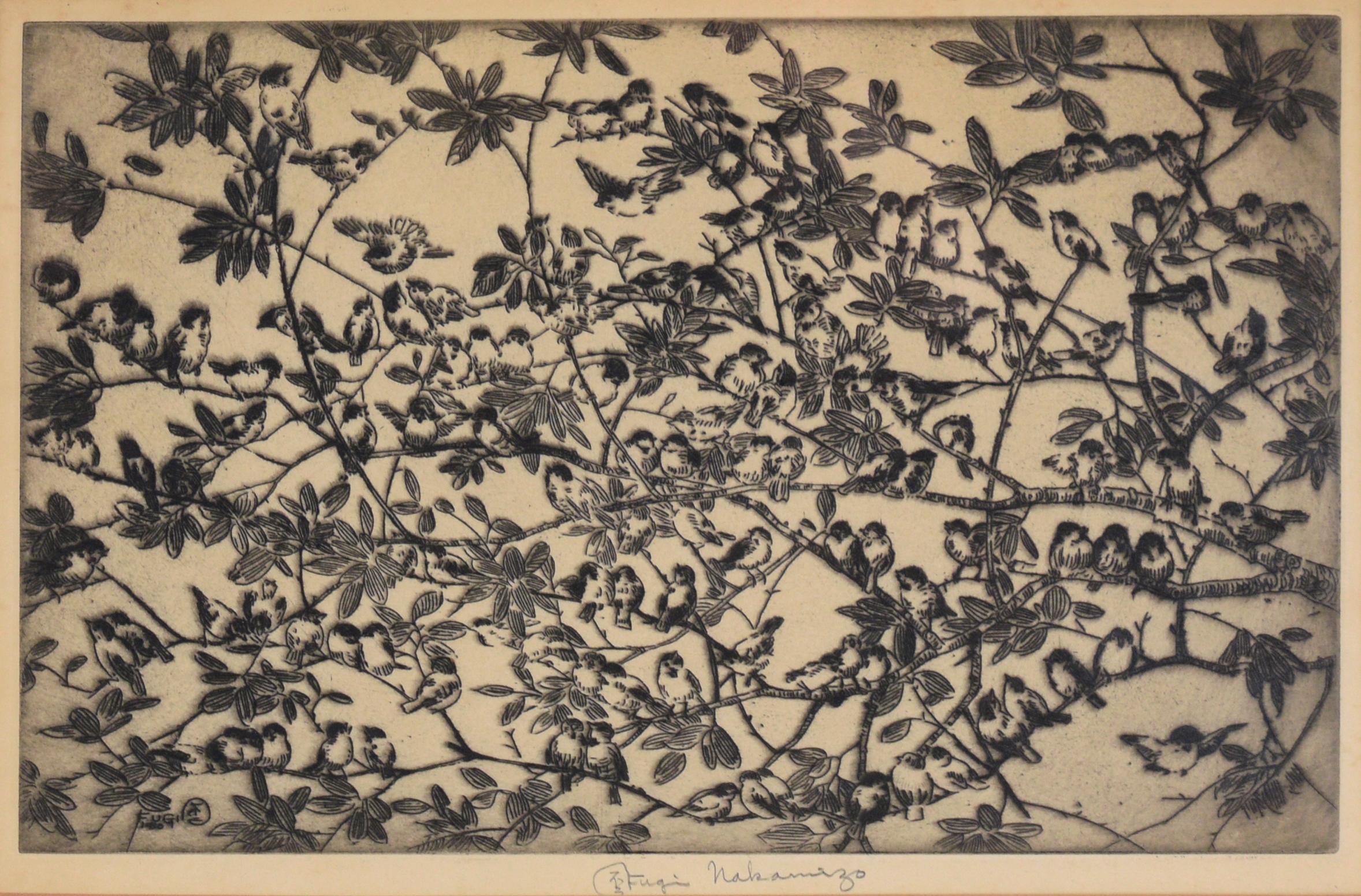 Vogel auf Zweigen – Lithographie in Tinte auf Papier – Auflage von 75 Stück – Print von Fugi Nakamizo