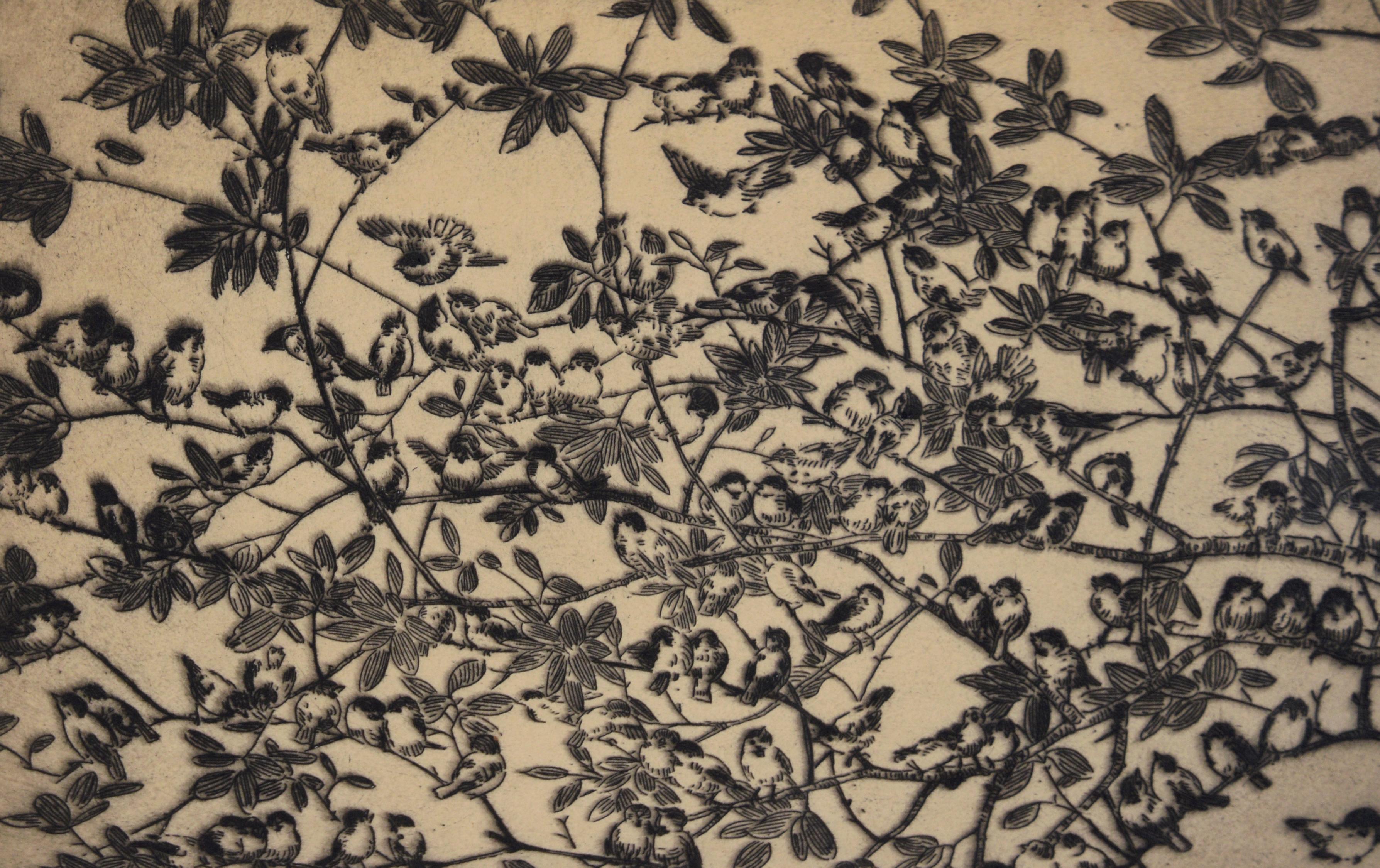 Vogel auf Zweigen – Lithographie in Tinte auf Papier – Auflage von 75 Stück (Impressionismus), Print, von Fugi Nakamizo