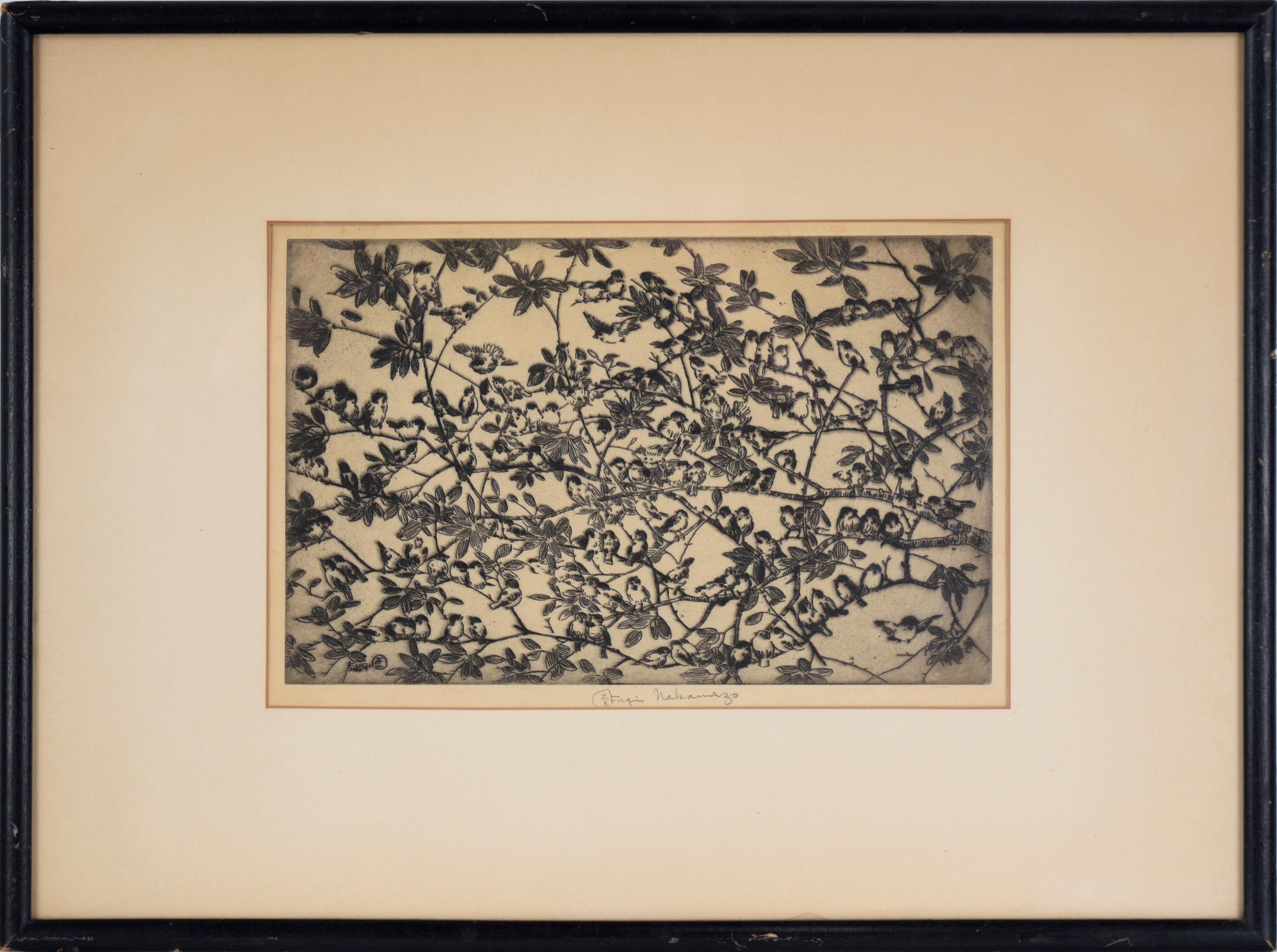 Fugi Nakamizo Landscape Print – Vogel auf Zweigen – Lithographie in Tinte auf Papier – Auflage von 75 Stück