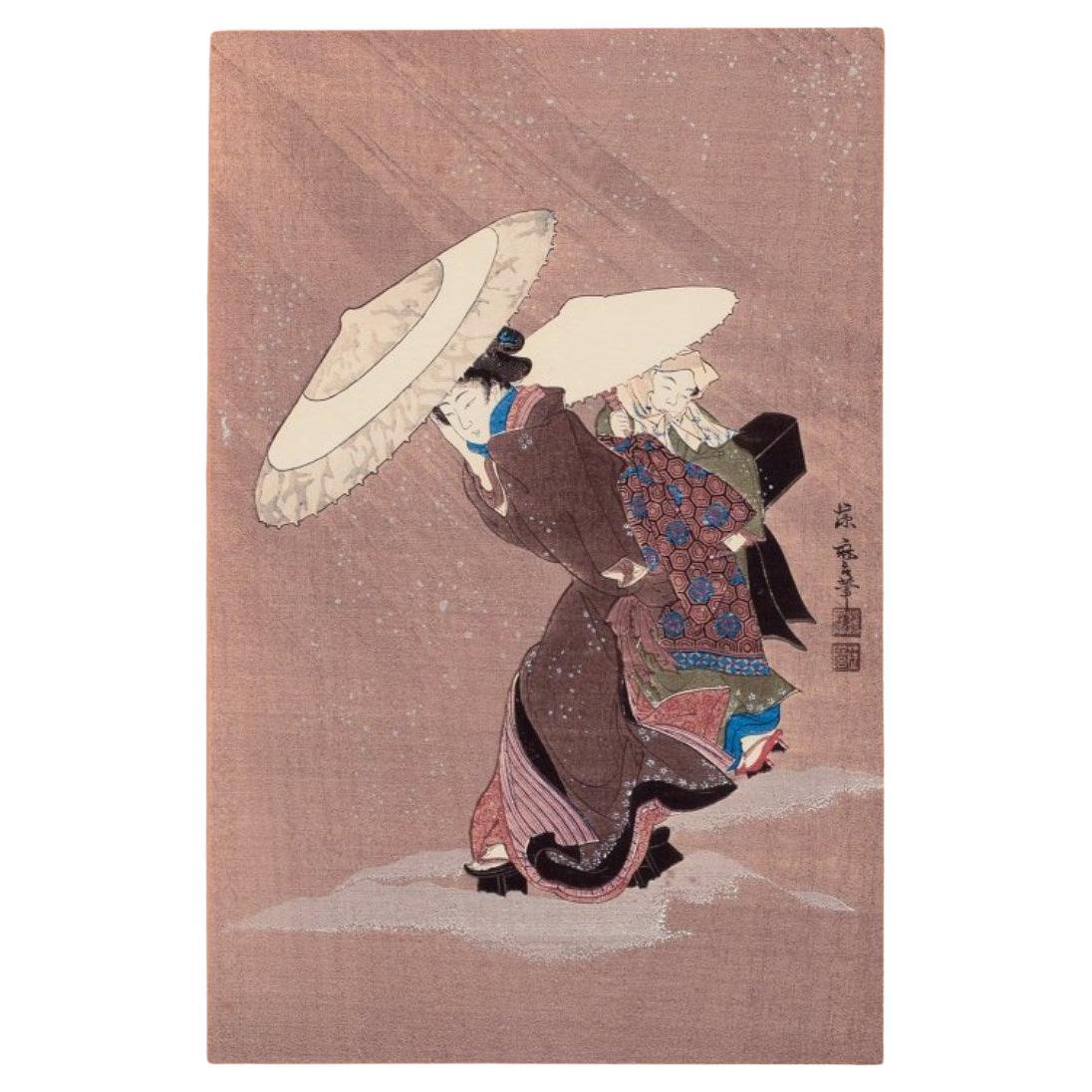 Fujimaro Kitagawa. Woodcut on Japanese paper. Snowscape with woman and child For Sale