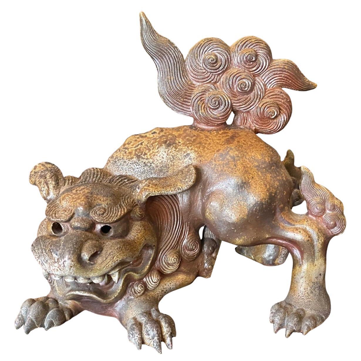 Fujiwara Tousai Signé Poterie Japonaise Bizen Ware Shishi Okimono Koro Sculpture