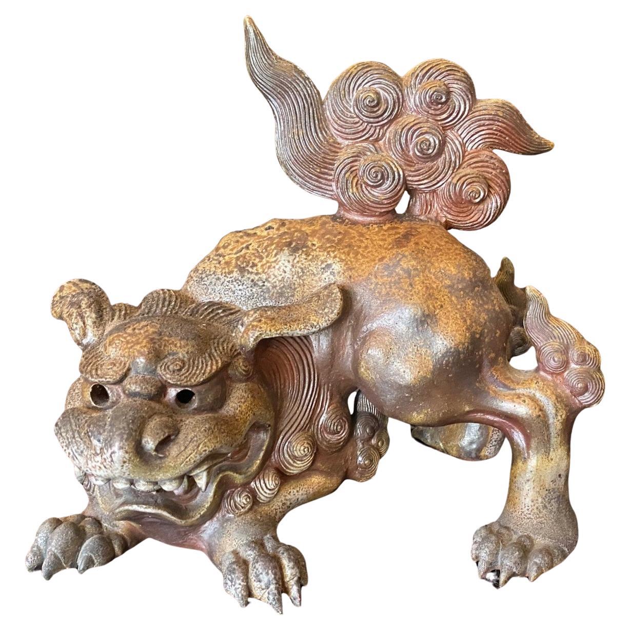 Fujiwara Tousai Signé Poterie Japonaise Bizen Ware Shishi Okimono Koro Sculpture