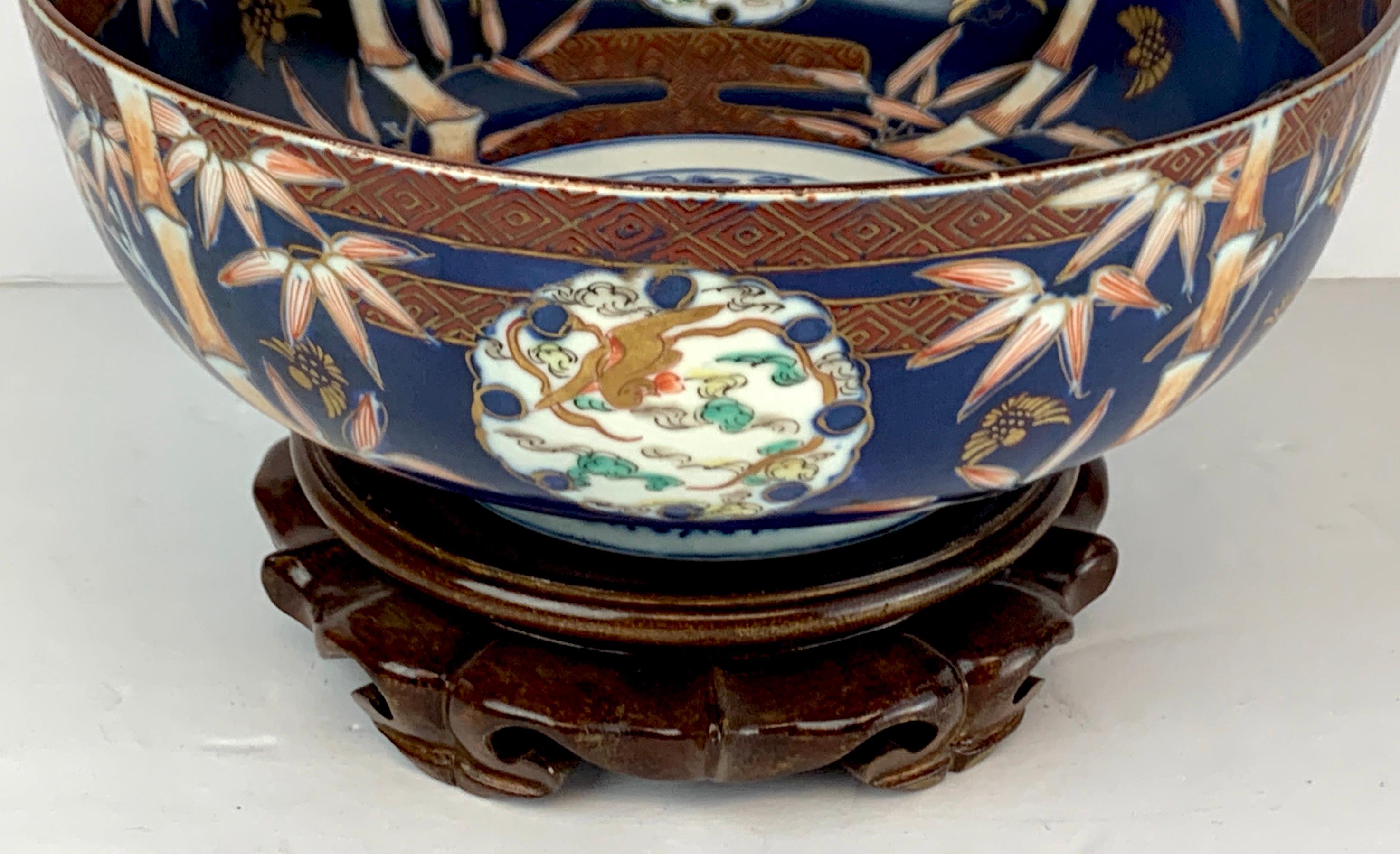 Japanese Fukagawa Imari Blue Background Bowl and Stand, Meiji Period
