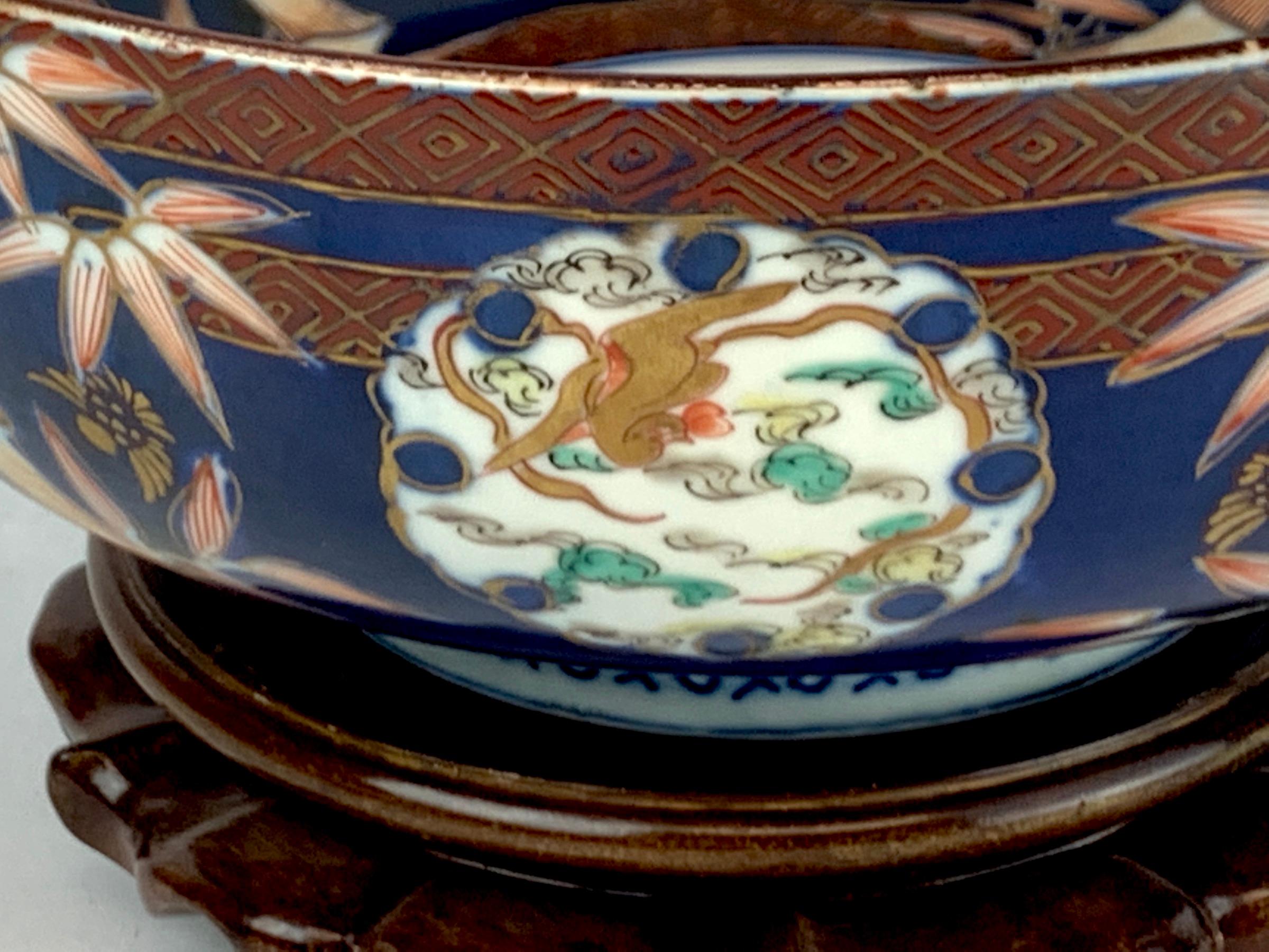 Hand-Painted Fukagawa Imari Blue Background Bowl and Stand, Meiji Period