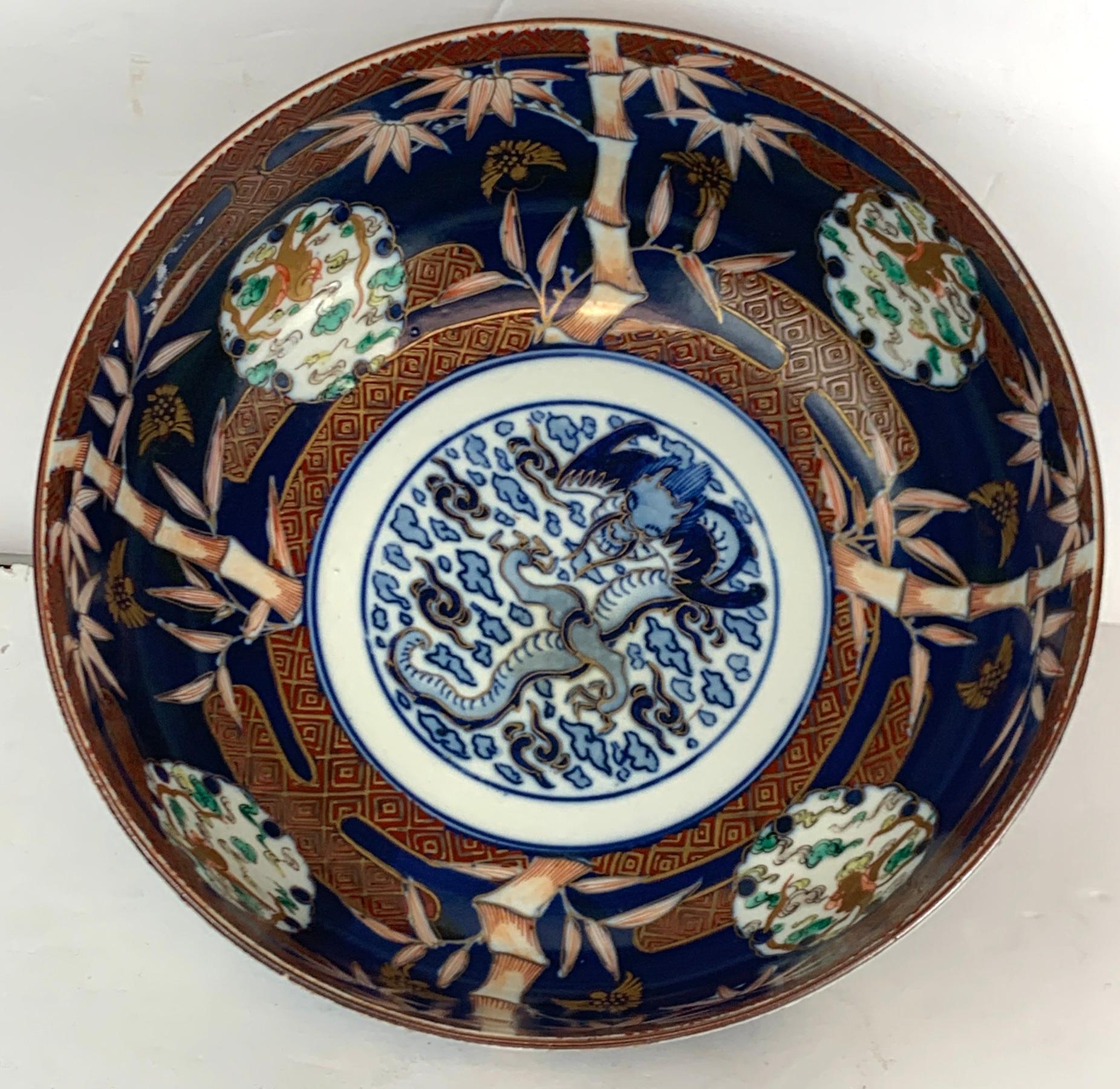 Fukagawa Imari Blue Background Bowl and Stand, Meiji Period 1