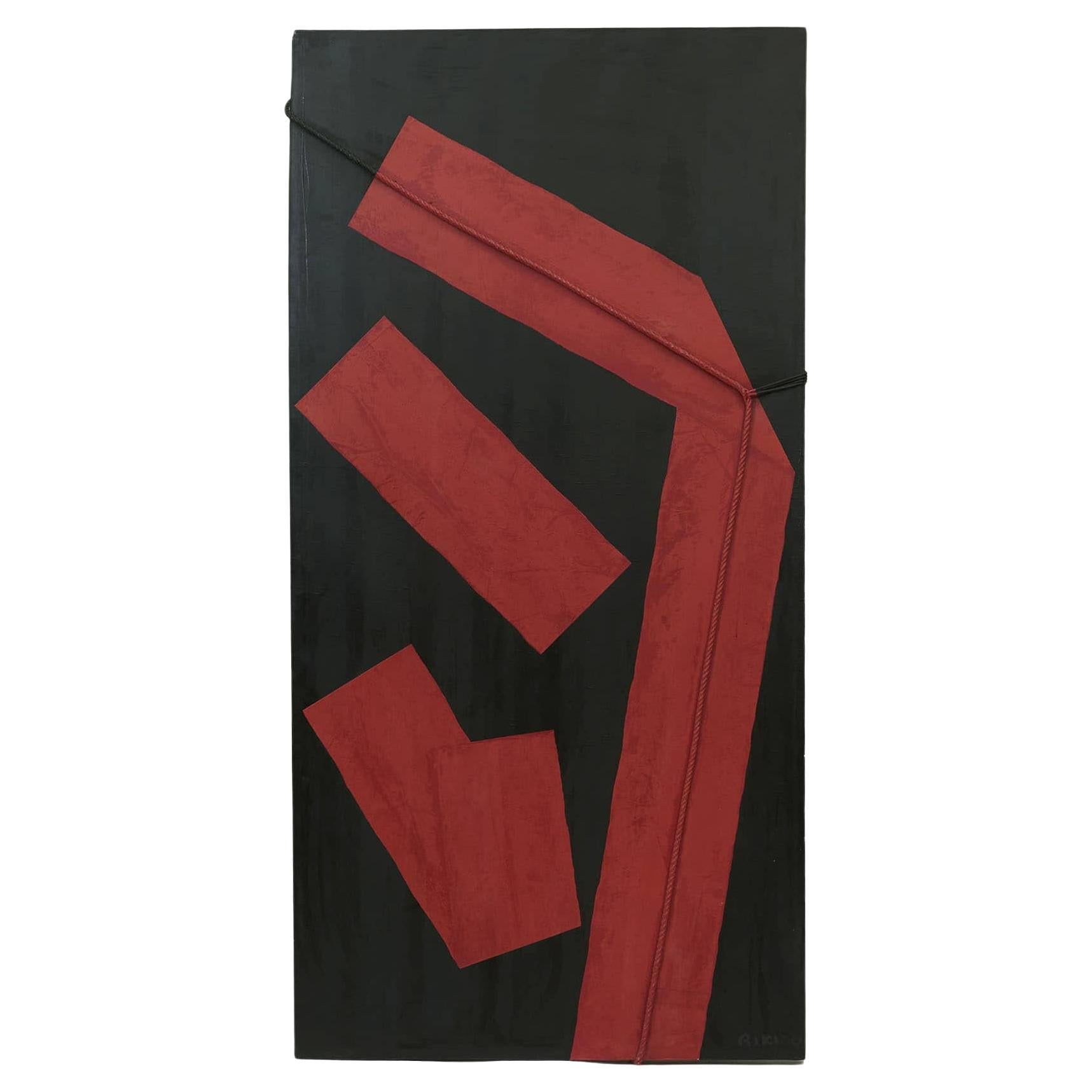 Fukao Rikizo, Black & Red Composition, Oil on Canvas For Sale