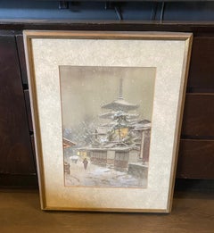 Fukutaro Terauchi Signed Original Japanese Watercolor Painting Temple in Snow