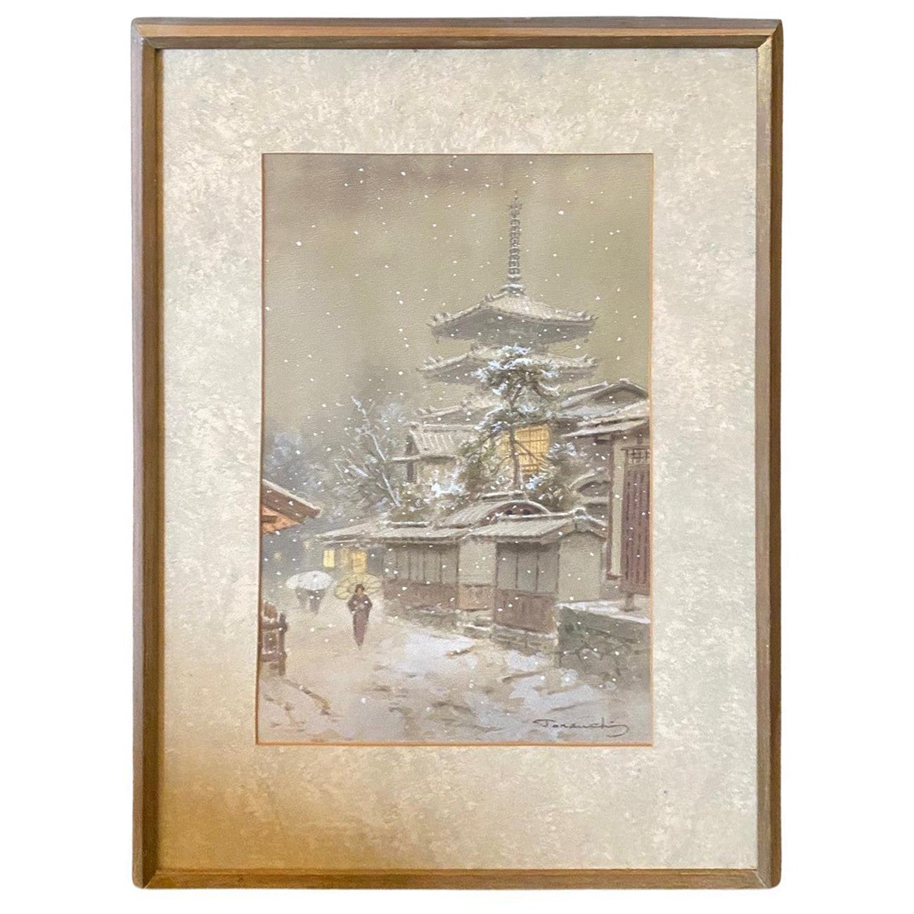 Fukutaro Terauchi Signed Original Japanese Watercolor Painting Temple in Snow