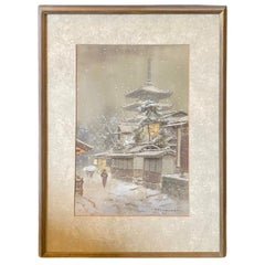 Fukutaro Terauchi Signed Original Japanese Watercolor Painting Temple in Snow