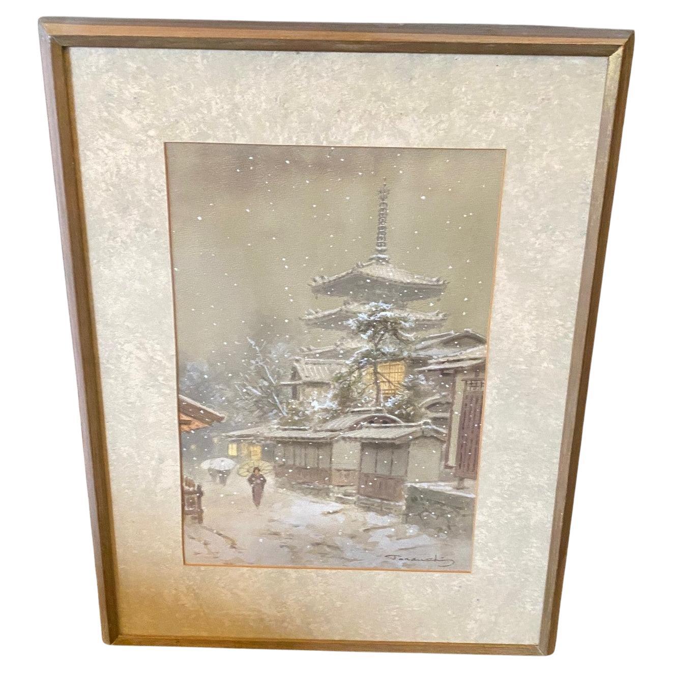 Fukutaro Terauchi Signed Original Japanese Watercolor Painting Temple in Snow For Sale
